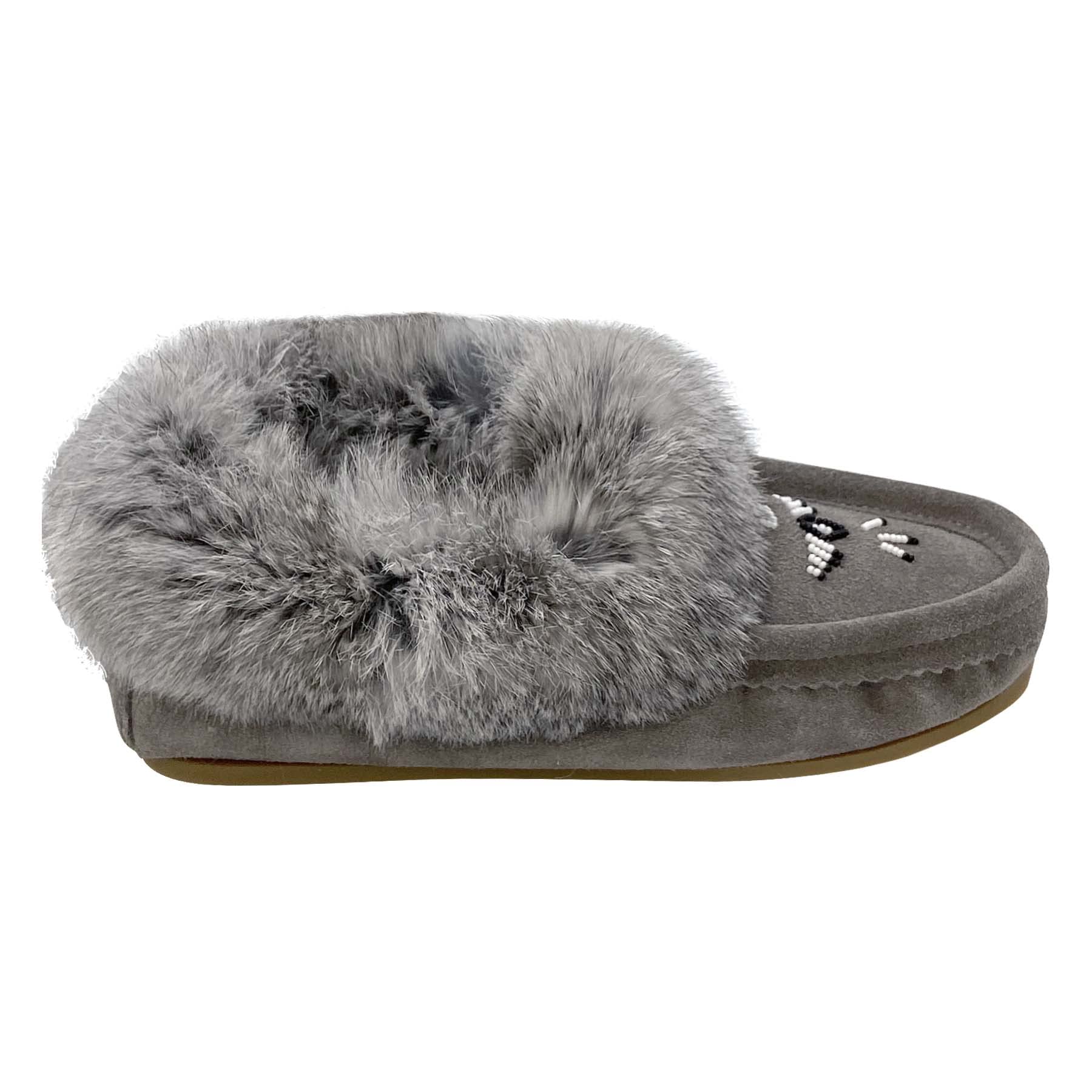 Laurentian Chief Women's Suede Slippers with Rabbit Fur Collar - Soft Sole Moccasins for Indoor Comfort & Cozy Home Wear