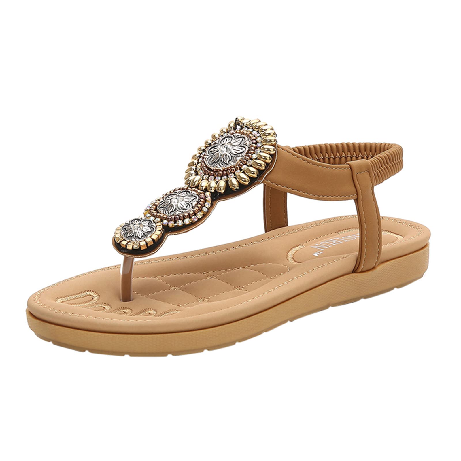 Women's Bohemian Leather Sandals with Elastic String Band & Bead Decor - Casual Beach Slip-Ons for Summer Outings, Vacations & Outdoor Adventures