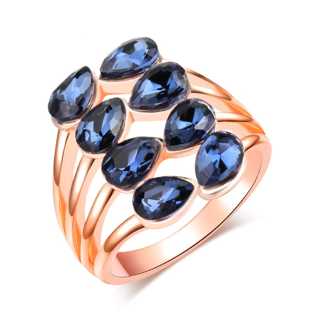HQLCX Blue Crystal Ring for Women - Geometric Multilayer Rose Gold Wedding Band, Vintage Jewelry for Engagement, Anniversary & Special Occasions