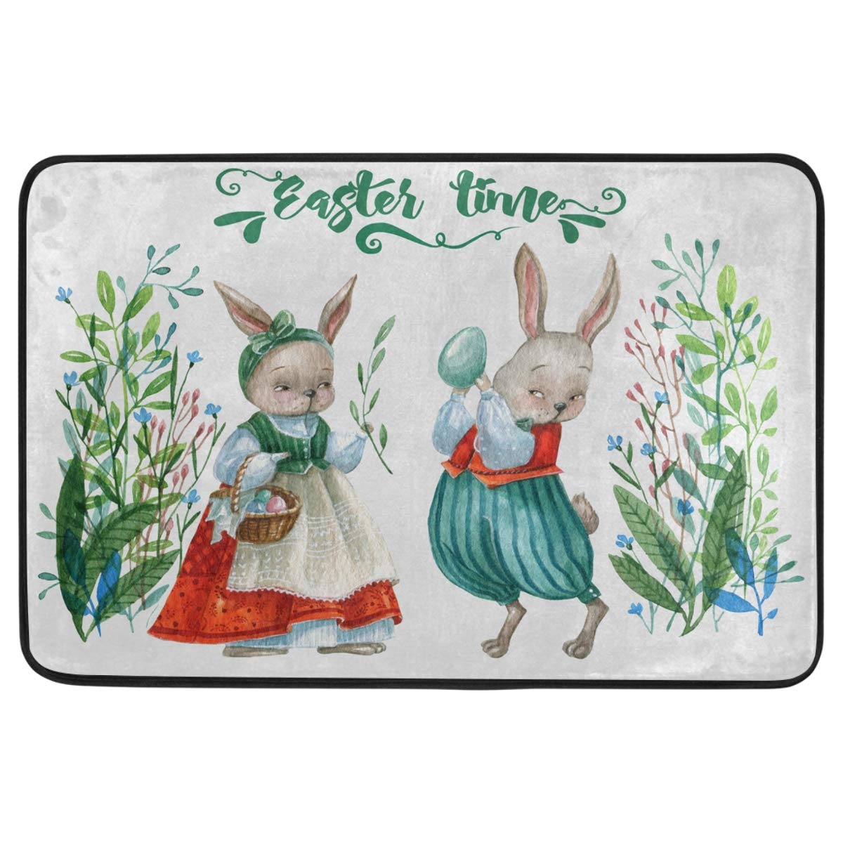 Easter Bunny Eggs Flower Cute Animal Doormat - Non-Slip Washable Indoor/Outdoor Entrance Mat for Spring Decor - 23.6