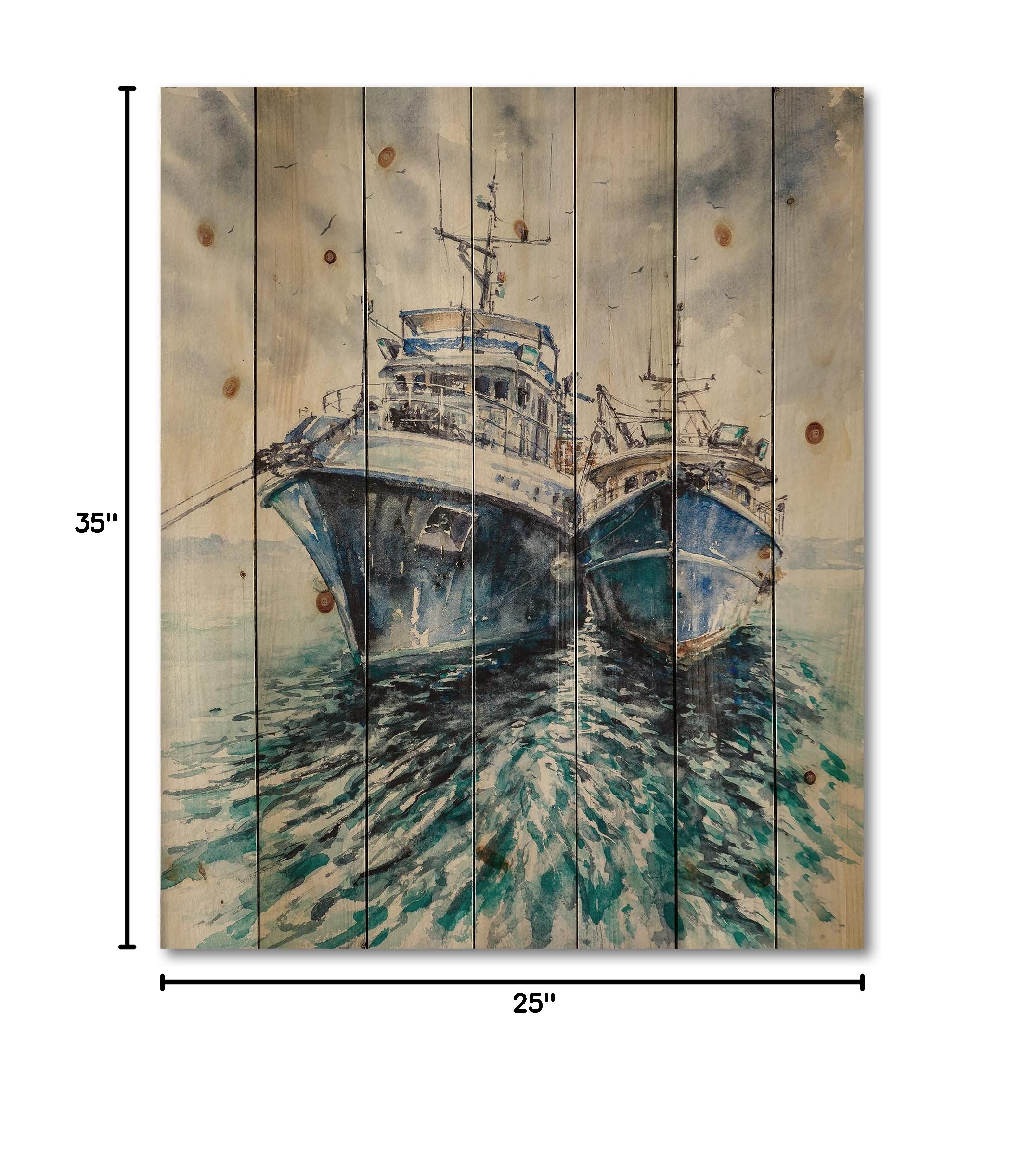 DesignQ Two Fishing Boats Before A Storm - Nautical Coastal Wood Wall Art Decor, Blue Beach Wood Wall Panels Printed on Natural Pine - Perfect for Living Room, Bedroom or Beach House Decoration