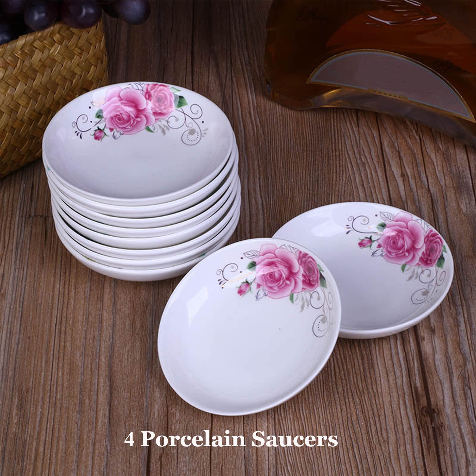 4-Pack Floral Ceramic Saucer Dishes - 4 Inch Decorative Appetizer Plates for Sushi, Snacks, Condiments & Seasonings | Perfect for Japanese Dining, Tea Parties & Home Decor