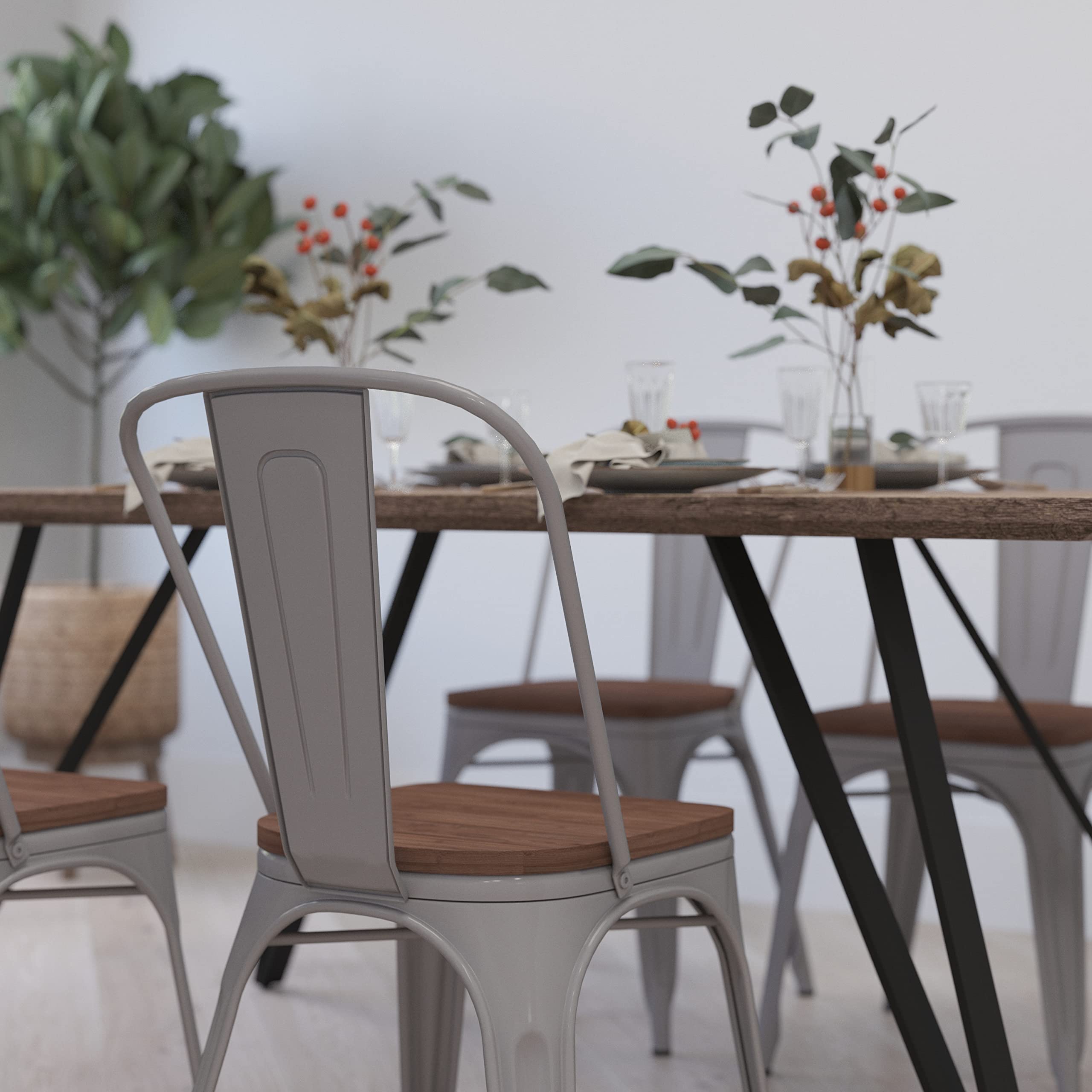 Merrick Lane Amsterdam Metal Dining Chair - Silver Metal Frame with Wood Seat & Slatted Curved Back - Modern Kitchen Chairs for Dining Room, Cafe, Bistro & Home Decor