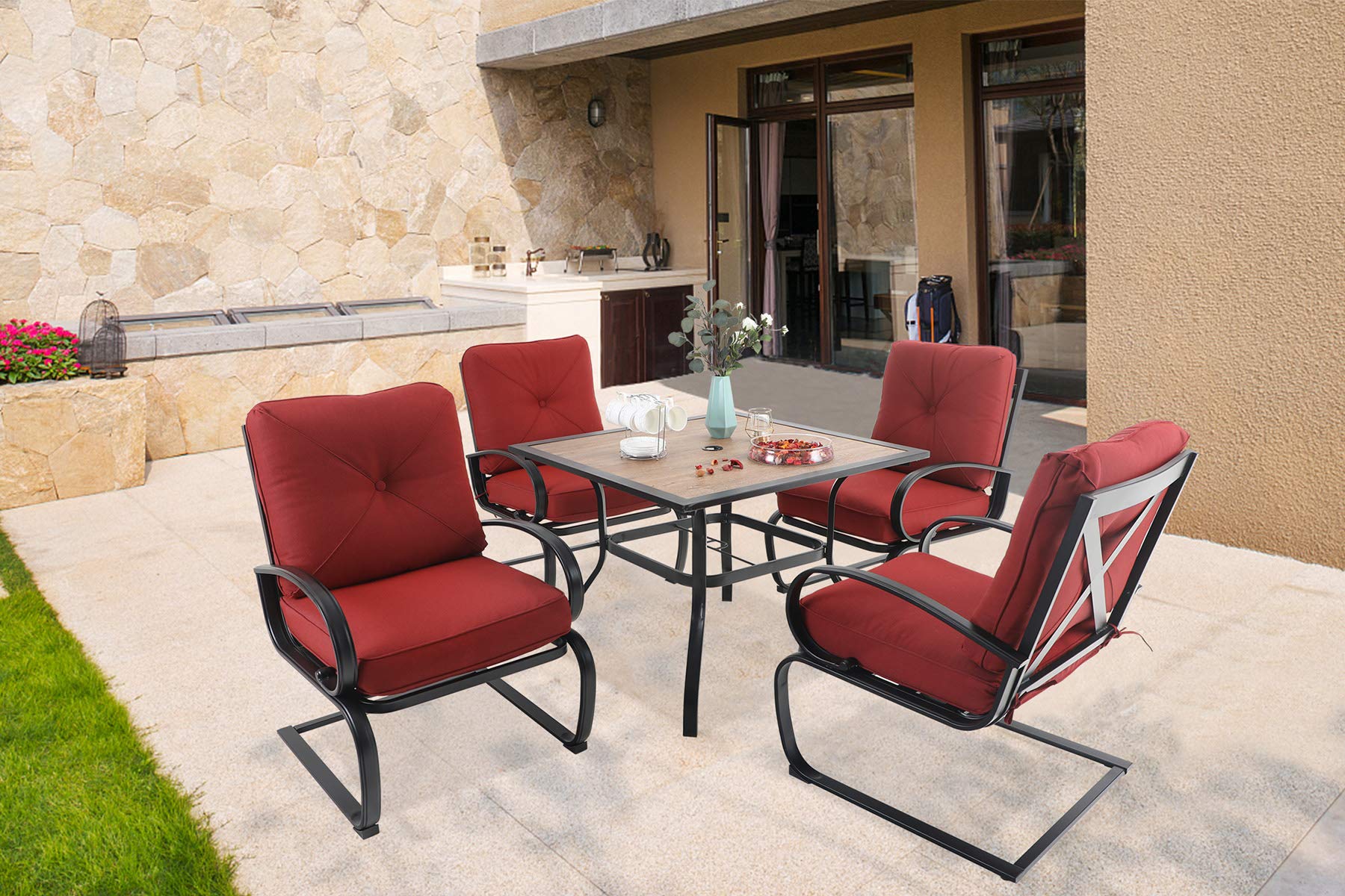 MFSTUDIO 4-Piece Outdoor Patio Dining Set - Square Wooden Bistro Table with 1.57