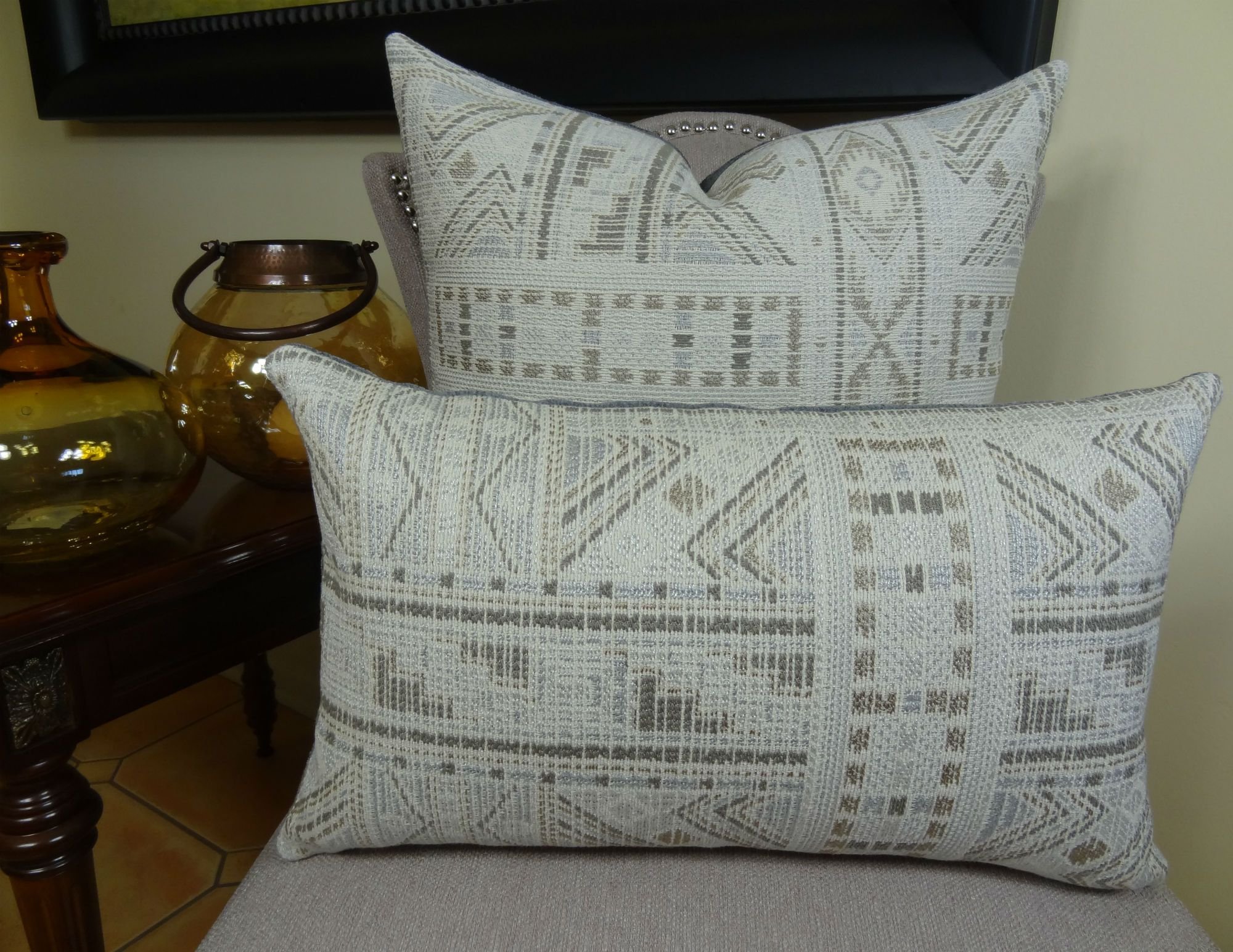 Handmade Aztec Throw Pillow - Gray Taupe Ivory Tribal Bohemian Cushion with Indigo Textured Design - USA Made Decorative Pillow for Sofa, Bed & Living Room - Perfect for Boho Home Decor & Cozy Interior Styling