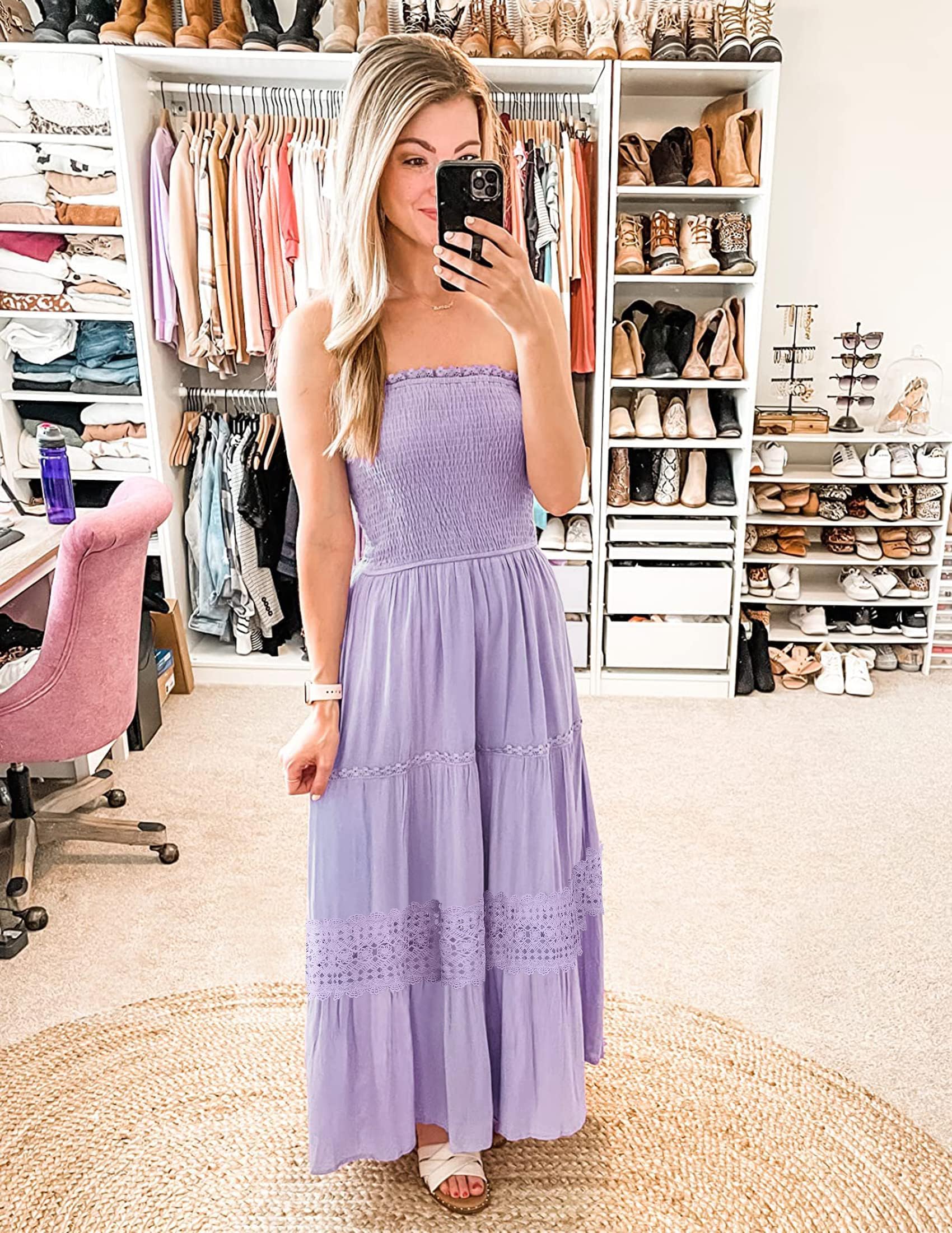 ZESICA Women's 2025 Summer Bohemian Strapless Off Shoulder Lace Trim Backless Flowy A-Line Long Maxi Dress for Beach Vacation, Wedding Guest & Outdoor Party