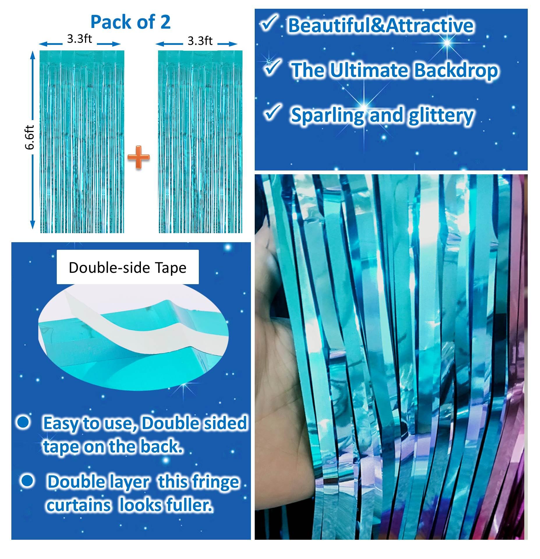 2PC Teal Blue Streamers Party Decorations - Blue Tinsel Foil Fringe Backdrop for Birthday, Frozen, Under The Sea, Ocean, Bachelorette & Easter Party Decor - Perfect for Doorways, Walls & Photo Booths