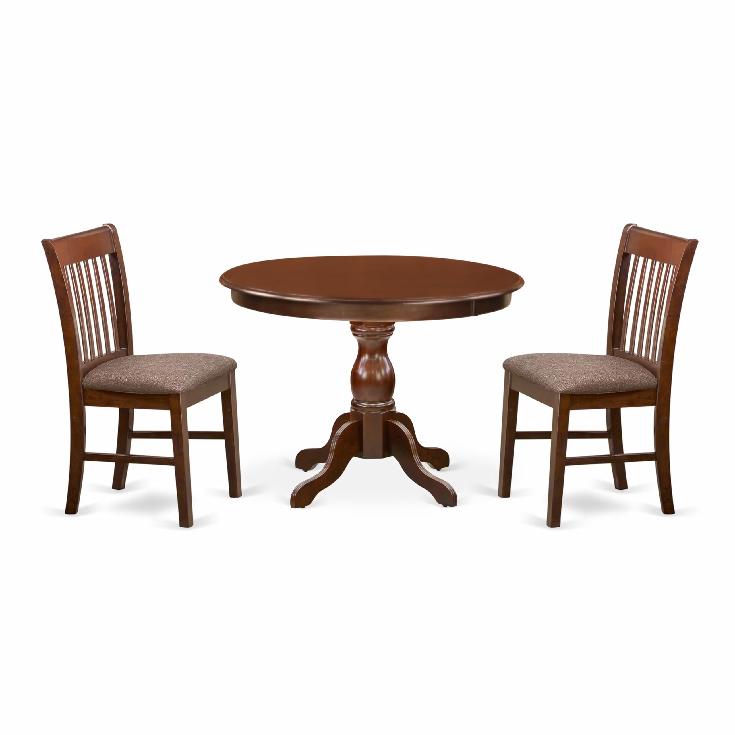 East West Furniture HBNF3-MAH-C 3-Piece Round Dining Table Set with Pedestal Base & 2 Upholstered Chairs, 42x42 Inch Mahogany - Perfect for Small Kitchen, Breakfast Nook or Apartment Dining Area