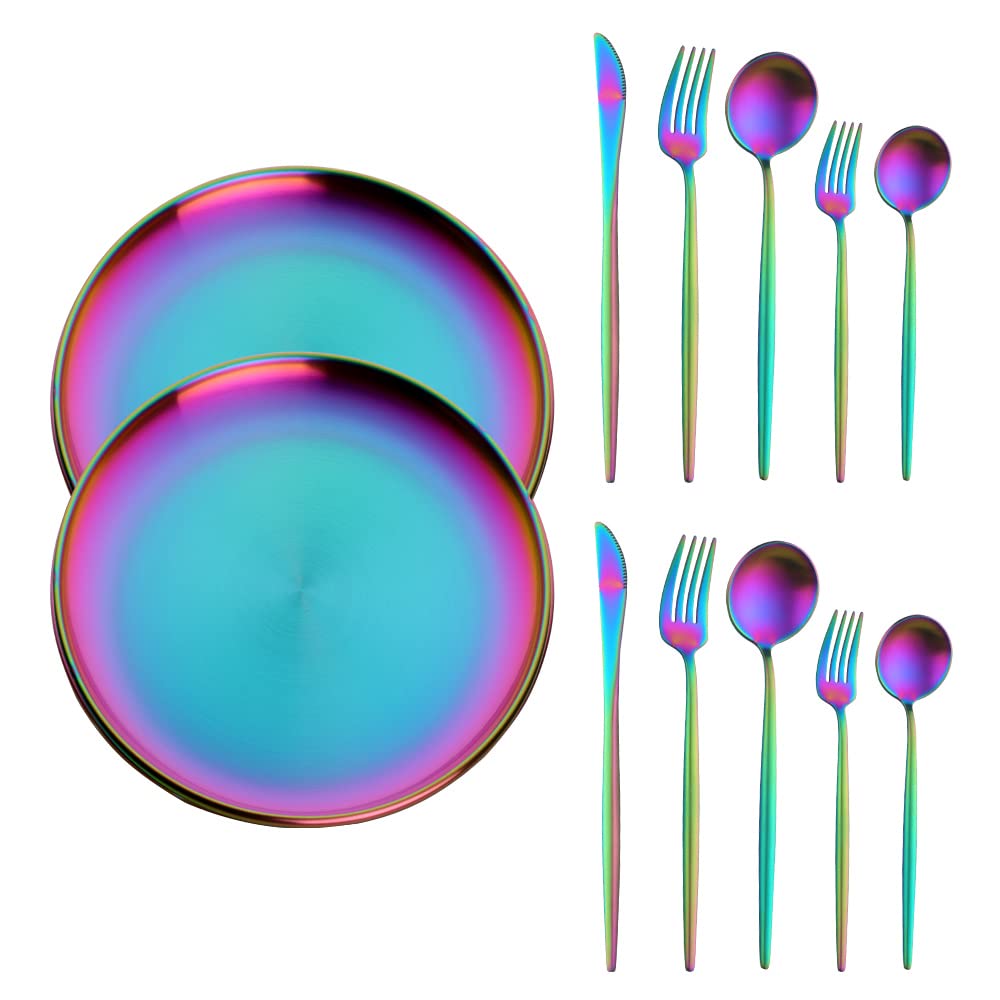 Buyer Star 16-Piece Rainbow Silverware Set - Stainless Steel Flatware with Iridescent Utensils, Knives, Forks & Spoons - Includes 2 Salad Plates - Dishwasher Safe Colorful Cutlery Set for Kitchen, Dining, Parties & Gift Giving