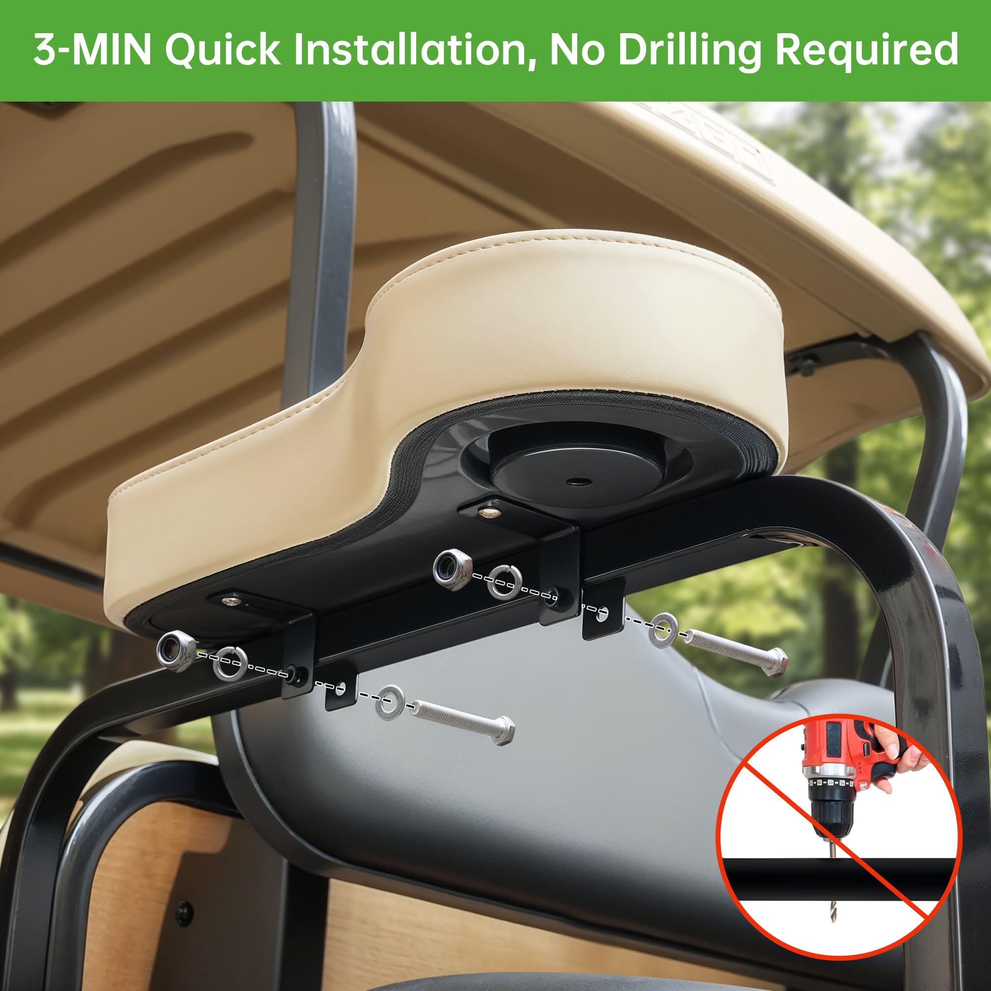 Premium 10L0L Golf Cart Rear Seat Armrest - Genuine Leather with Cup Holder, No Drilling Required - Universal Fit for EZGO, Club Car, Yamaha & More (1