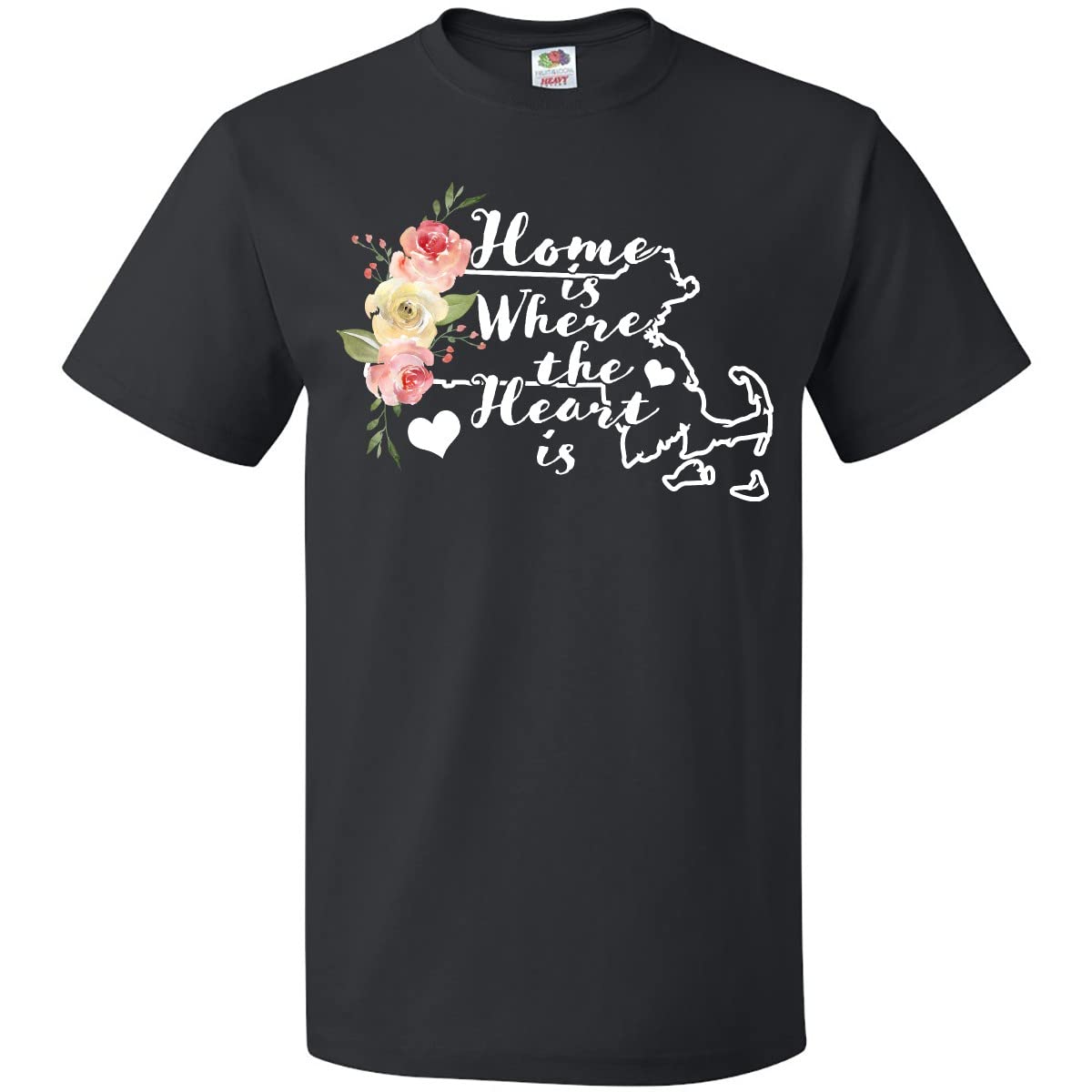 Inktastic Massachusetts Home is Where The Heart is Watercolor Graphic T-Shirt | Soft Cotton Tee for Casual Wear & State Pride
