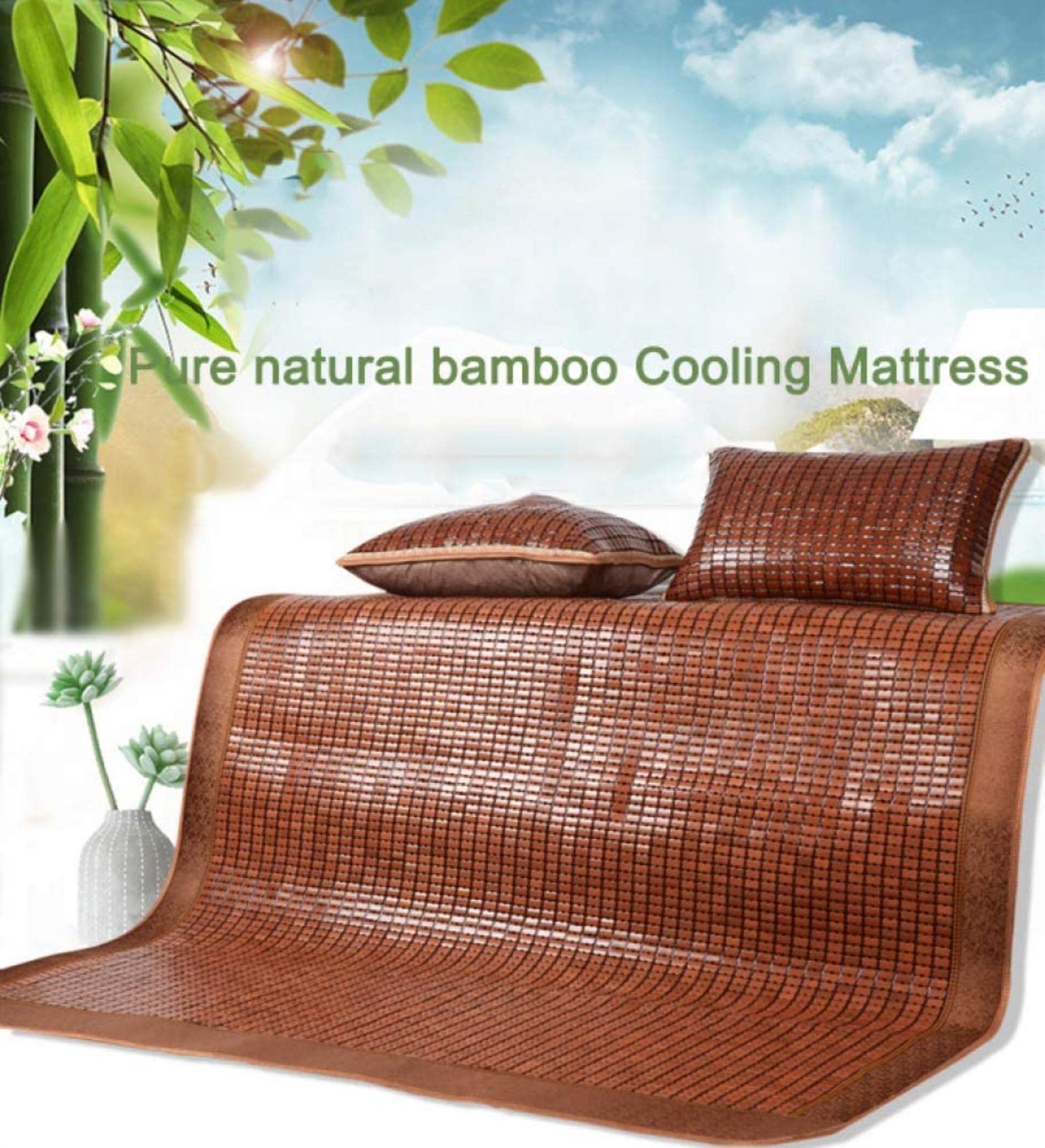 Cooling Bamboo Sleeping Pad for Summer - Foldable Double Mattress with Carbonized Mahjong Design, Smooth & Durable for Bedroom, Student Dorm, Camping & Travel