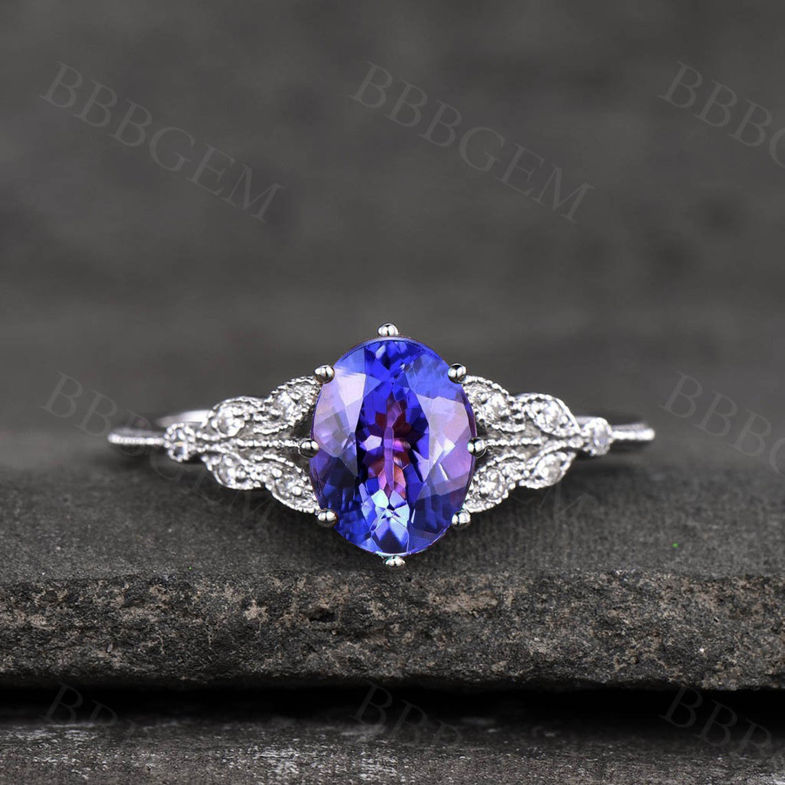 Vintage Oval Tanzanite Engagement Ring 14k Gold Beaded Band with Marquise Diamond Accents - Perfect for Proposals, Anniversaries & Special Occasions