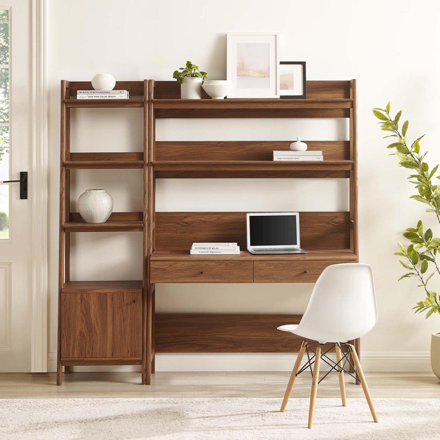Modway 2-Piece Walnut Home Office Desk with Bookshelf Display Case - Perfect for Small Spaces, Work from Home & Study Room Organization