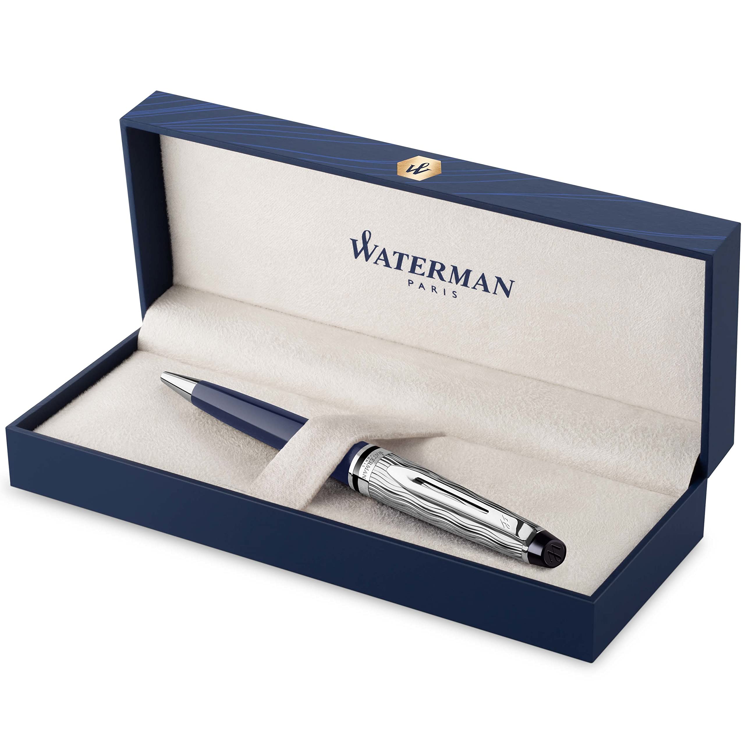 Waterman Expert Ballpoint Pen - Premium Metal Blue Lacquer Fountain Pen with Chiselled Cap & Blue Ink Refill - Elegant Writing Instrument for Office, Business Gifts & Special Occasions