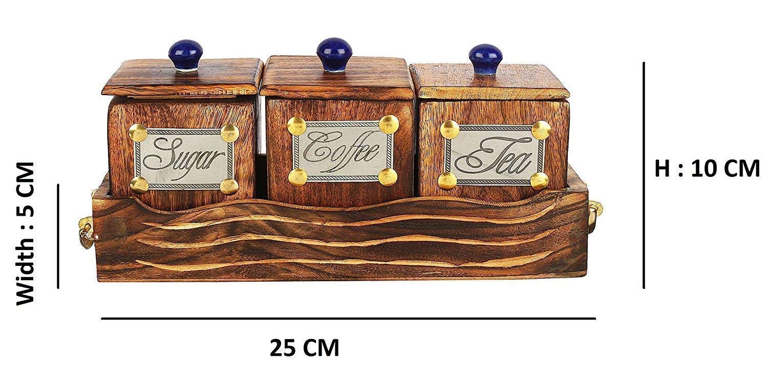 Premium Wooden Canister Set with Tray & Lid - 3-Piece Large 600ml Containers for Tea, Coffee, Sugar Storage | Rustic Brown Wooden Box | Perfect for Kitchen Countertop, Pantry Organization & Home Decor