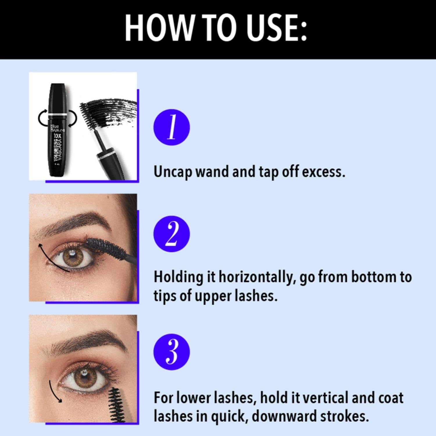 Blue Heaven 10X Volumizing Mascara - Waterproof, Smudge Proof, Long Lasting (12 Hours) | Lightweight Formula for Natural Volume | Perfect for Daily Wear, Parties & Special Occasions | 8ml