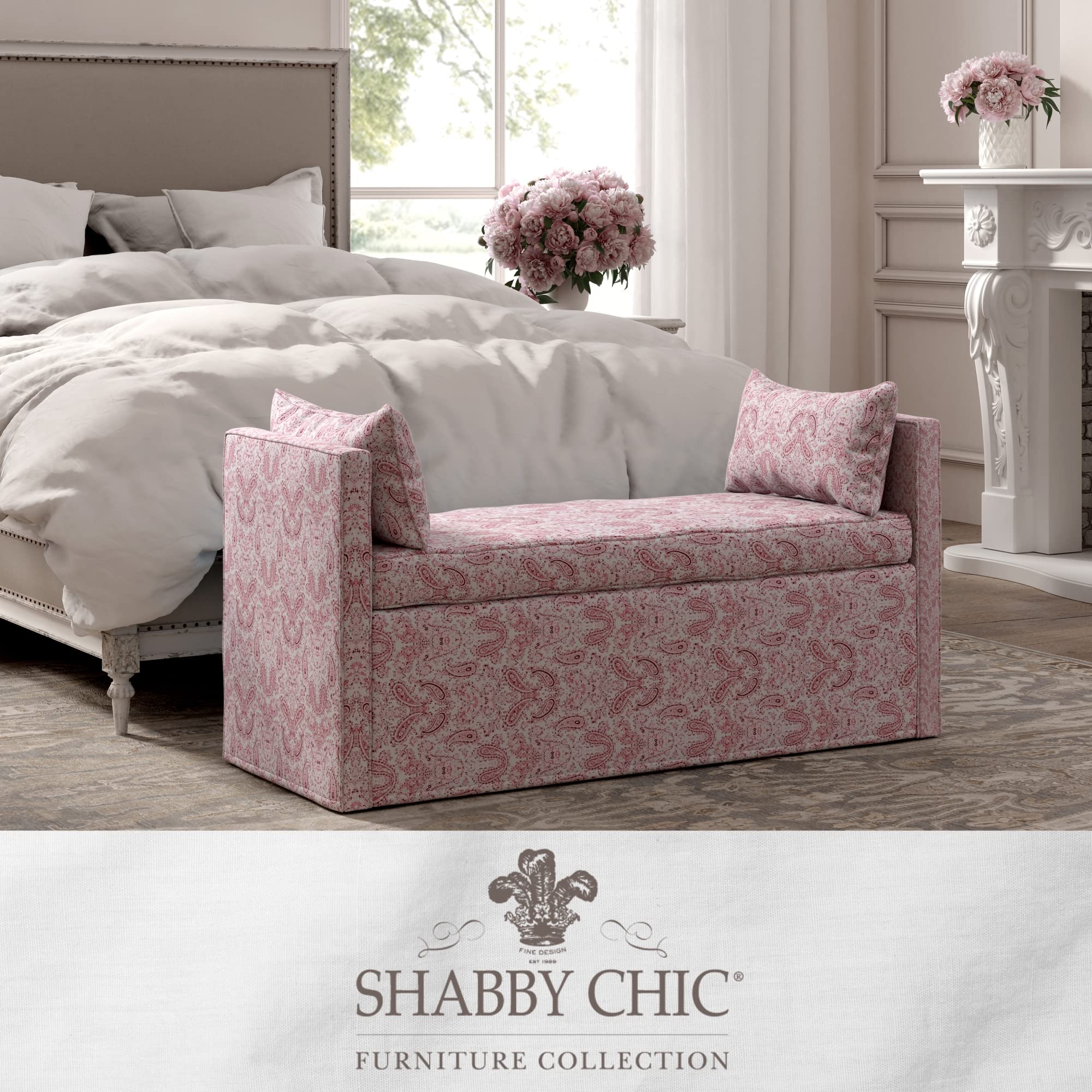 Shabby Chic Bourdillon Rectangular Upholstered Linen Printed Arm Bench with 2 Pillows - Paisley Red Design for Living Room, Bedroom & Entryway Seating