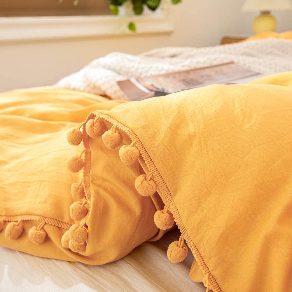 Soft Washed Microfiber Boho Pillowcases Set of 2 - Queen Size Yellow Pillow Covers with Pom Pom Trim for Girls & Women | Perfect for Bedroom Decor, Boho Chic Home Styling and Cozy Living Room Accents