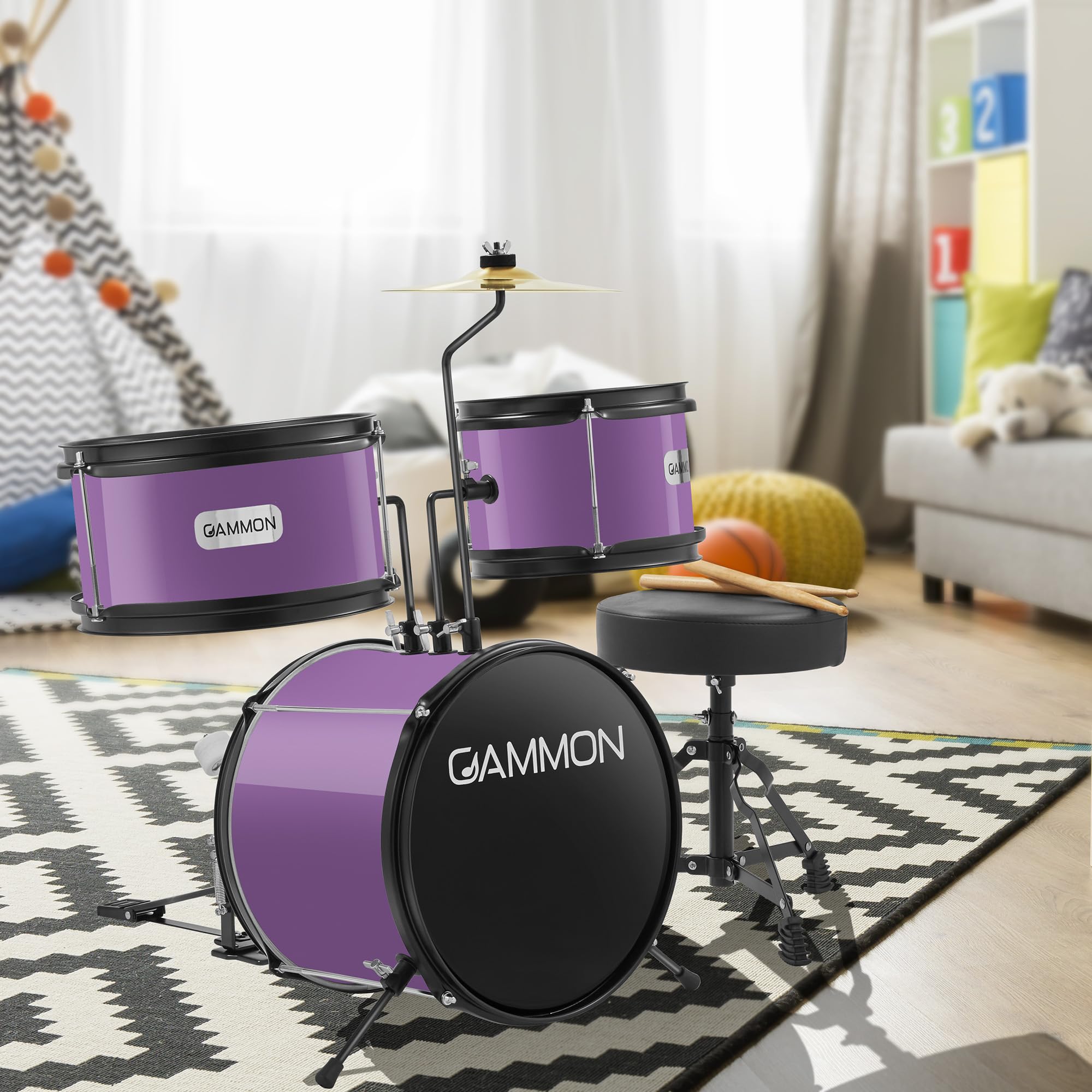 Gammon 3-Piece Junior Drum Set with Throne - Purple, Complete Beginner Drum Kit with Bass Drum, Toms, Cymbal, Pedal & Drumsticks | Perfect for Kids, Teens & First-Time Drummers | Home Practice, Music Lessons & Live Performances