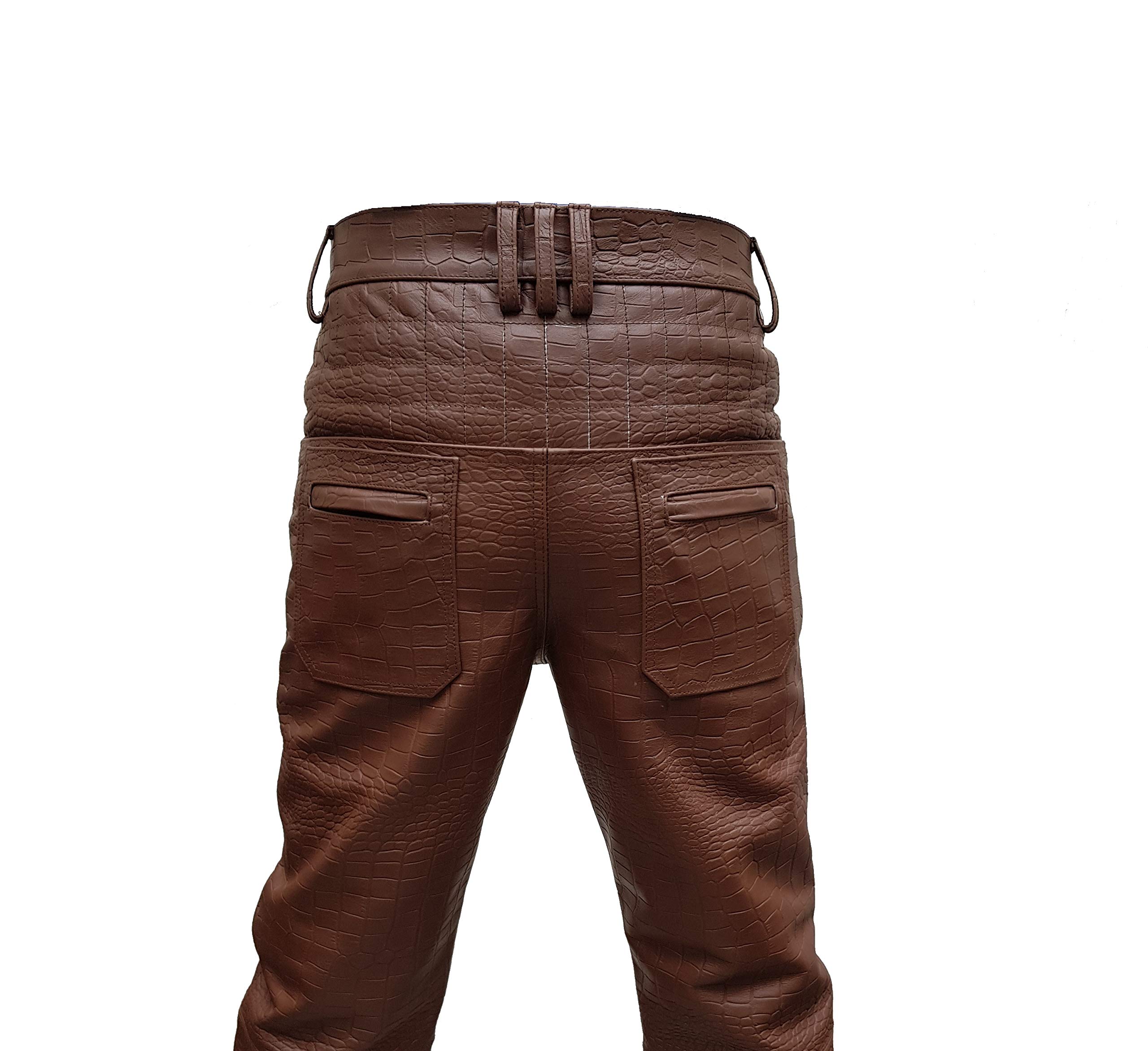 Black Korel Men's Brown Crocodile Print Leather Quilted Motorcycle Biker Jeans - Stylish & Durable Riding Pants for Harley Davidson & Cruiser Bikes - Perfect for Motorcycle Enthusiasts & Urban Fashion