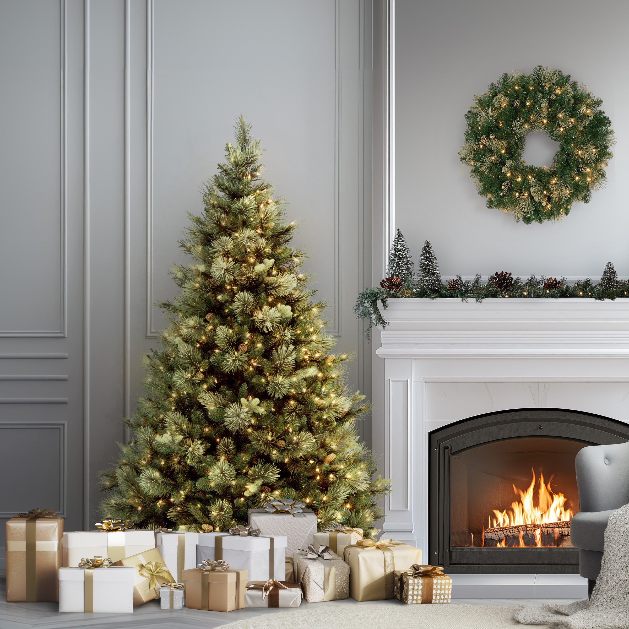 6.5 ft Pre-Lit Artificial Carolina Pine Christmas Tree with 300 Clear LED Lights - Perfect for Indoor Holiday Decor, Living Room, Office & Festive Parties