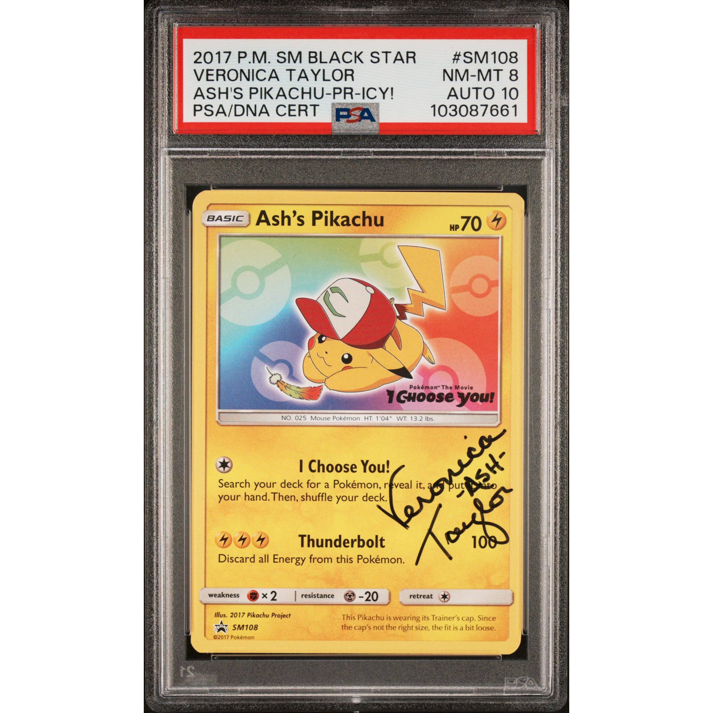 2024 Pokemon Pikachu Promo SM108 Signed by Veronica Taylor PSA 8 AUTO 10 - Rare Collectible Trading Card for Pokemon Fans & Collectors - Perfect for Display, Gifts, and Investment