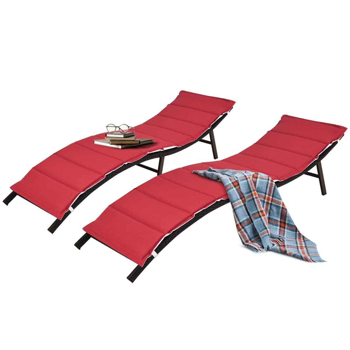 Tangkula 2-Piece Patio Rattan Chaise Lounge Set - Outdoor Wicker Lounge Chairs with Foldable Design - Perfect for Poolside, Garden, Balcony & Backyard Relaxation