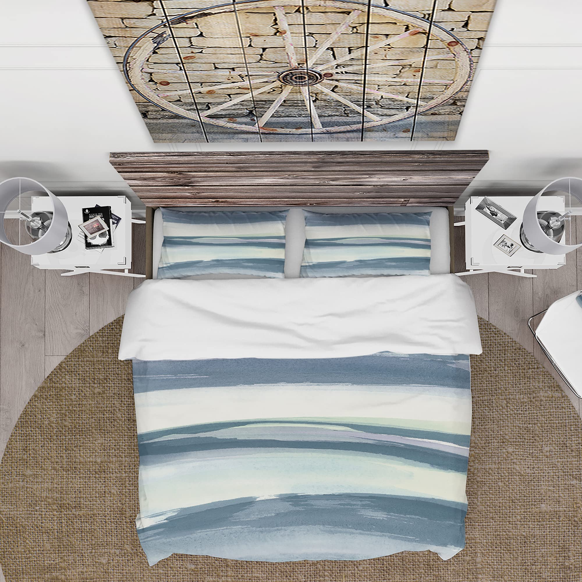 DesignQ Mint Indigo Dawn II Farmhouse Duvet Cover Set - Queen Size Blue Country Charm Bedding (3-Piece) | All Season Soft Cotton Comforter Cover for Cozy Farmhouse Bedroom Decor & Guest Room Styling