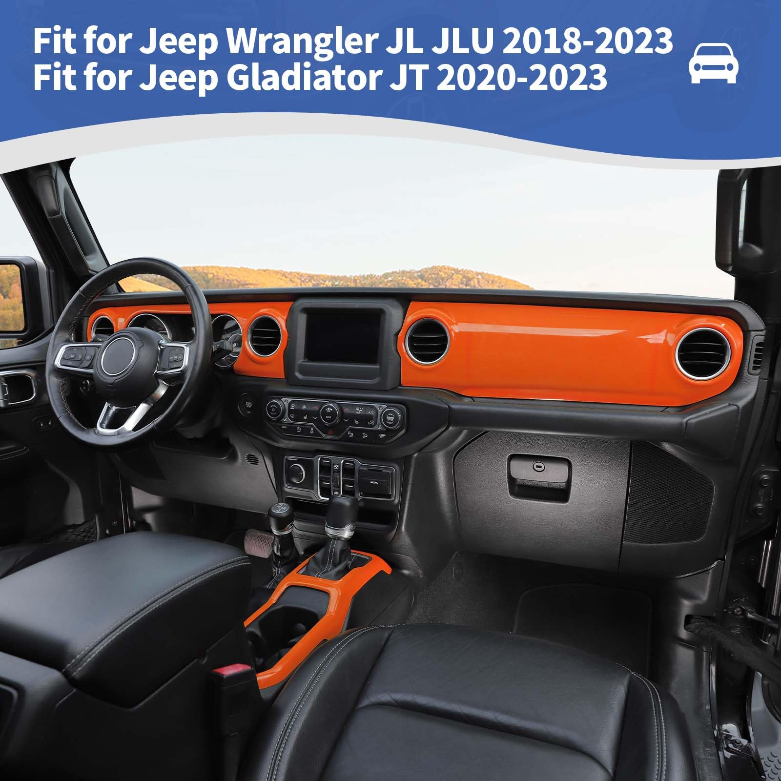 RT-TCZ Orange Dash Trim Cover & Gear Shift Panel Frame for Jeep Wrangler JL/JLU/Gladiator JT (2018-2023) - 3pc Interior Accessories Kit - Upgrade Your Ride's Style for Off-Road Adventures & Daily Commutes