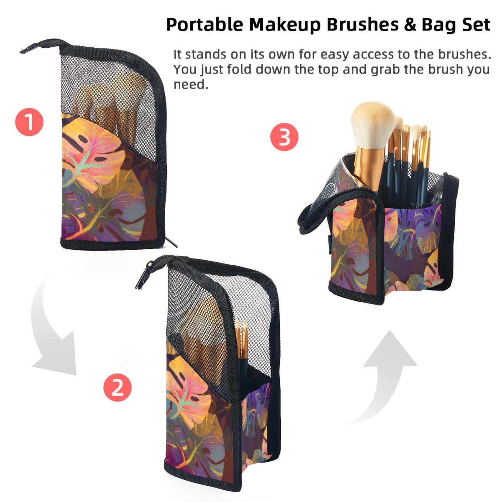 12-Piece Makeup Brush Organizer Bag with Tropical Watercolor Leaves Design - Portable Makeup Brush Holder Case for Travel & Home Storage