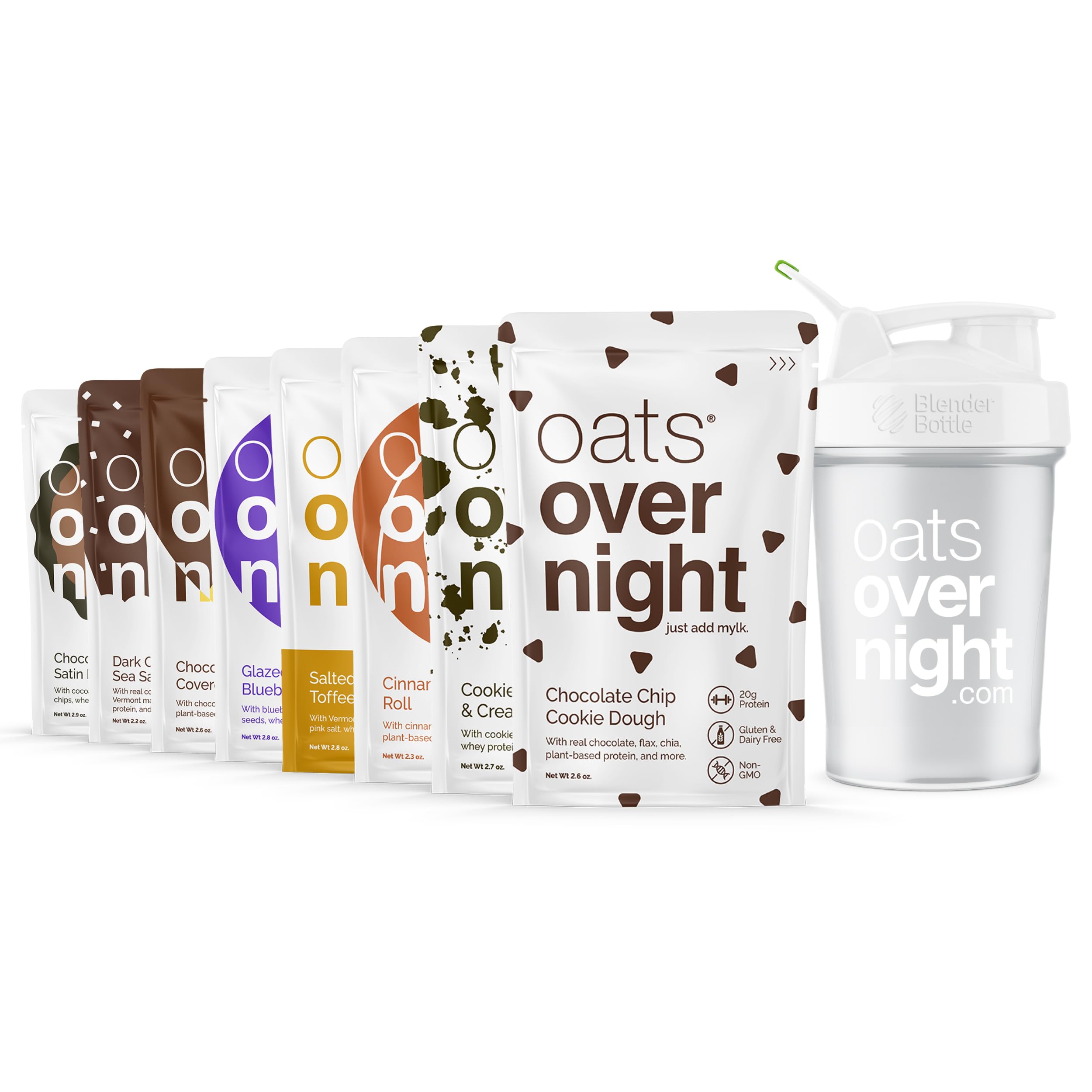 Oats Overnight Dessert Variety Pack - High Protein & Fiber Breakfast Shake - Gluten Free, Non-GMO Oatmeal - Salted Toffee, Chocolate Satin Pie (8 Pack + BlenderBottle) | Quick Healthy Breakfast, Post-Workout Meal, On-the-Go Nutrition