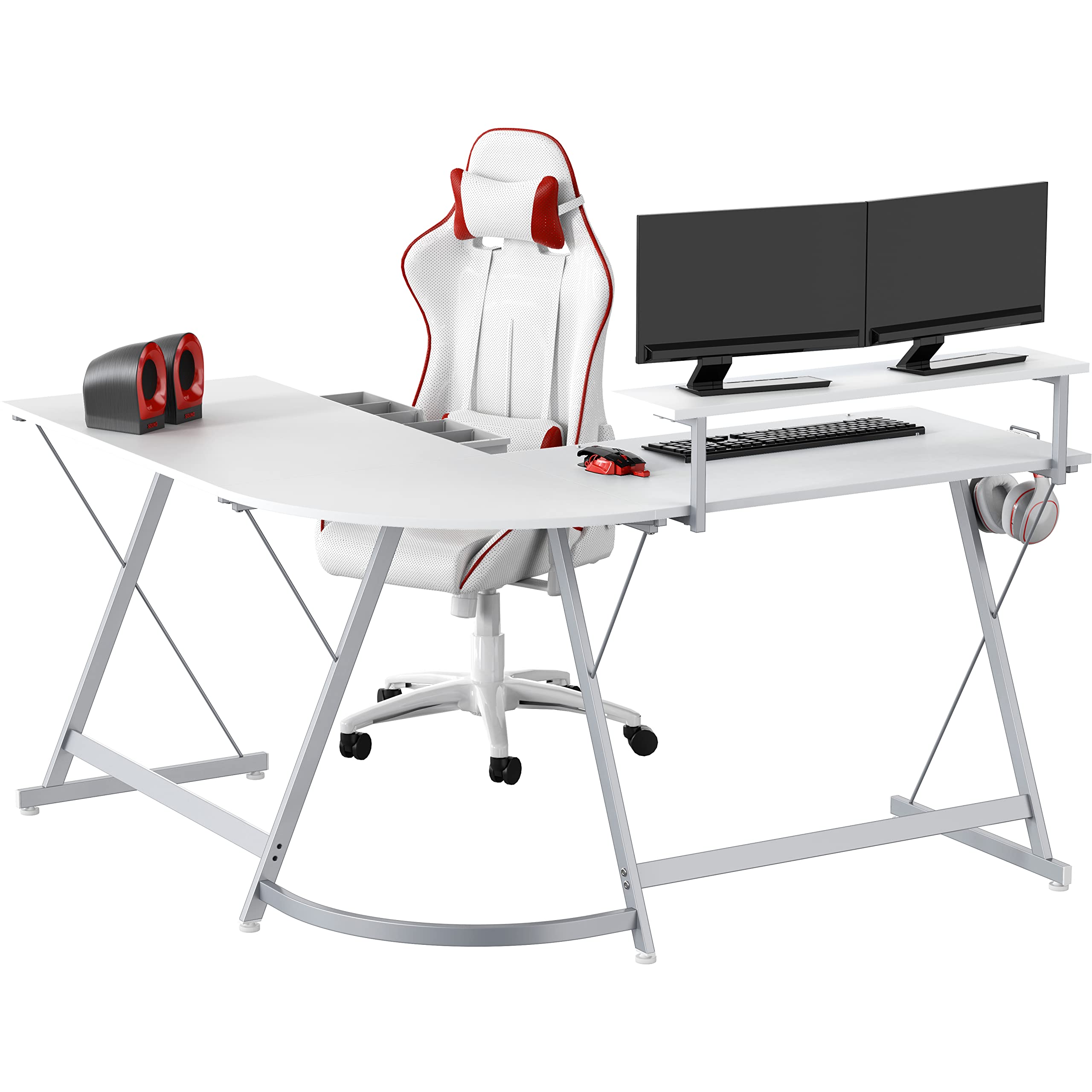 SHW Vista L-Shape Computer Desk with Monitor Stand - White Home Office Desk for Gaming & Workstation Setup | Perfect for Small Spaces & Corner Work Areas