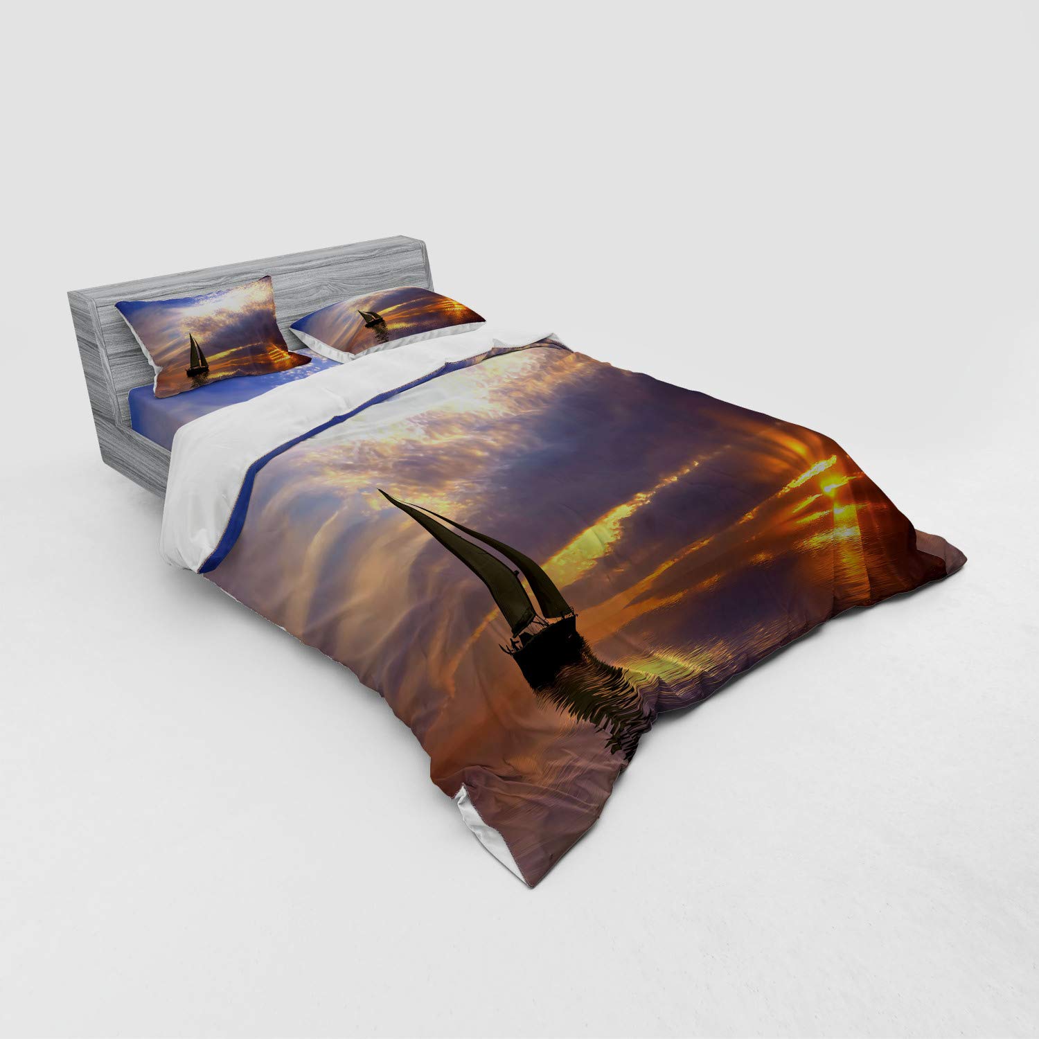 Ambesonne Sailboat Bedding Set - 4 Piece Duvet Cover Set with Shams & Fitted Sheet, Queen Size, Marigold Bluegrey - Nautical Themed Bedroom Decor for Coastal Homes, Beach House, Romantic Honeymoon Suite or Guest Room