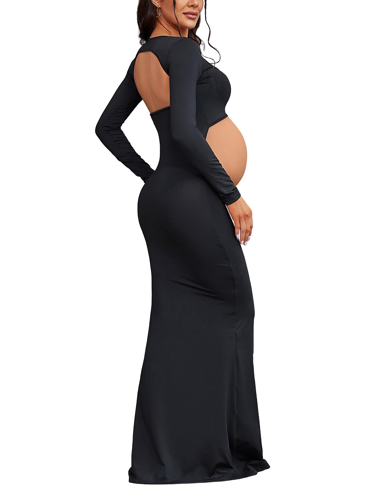 Bhome Sexy Backless Maternity Photoshoot Dress - Long Sleeve Cut-Out Maxi Gown for Pregnancy Photography, Baby Shower & Special Occasions