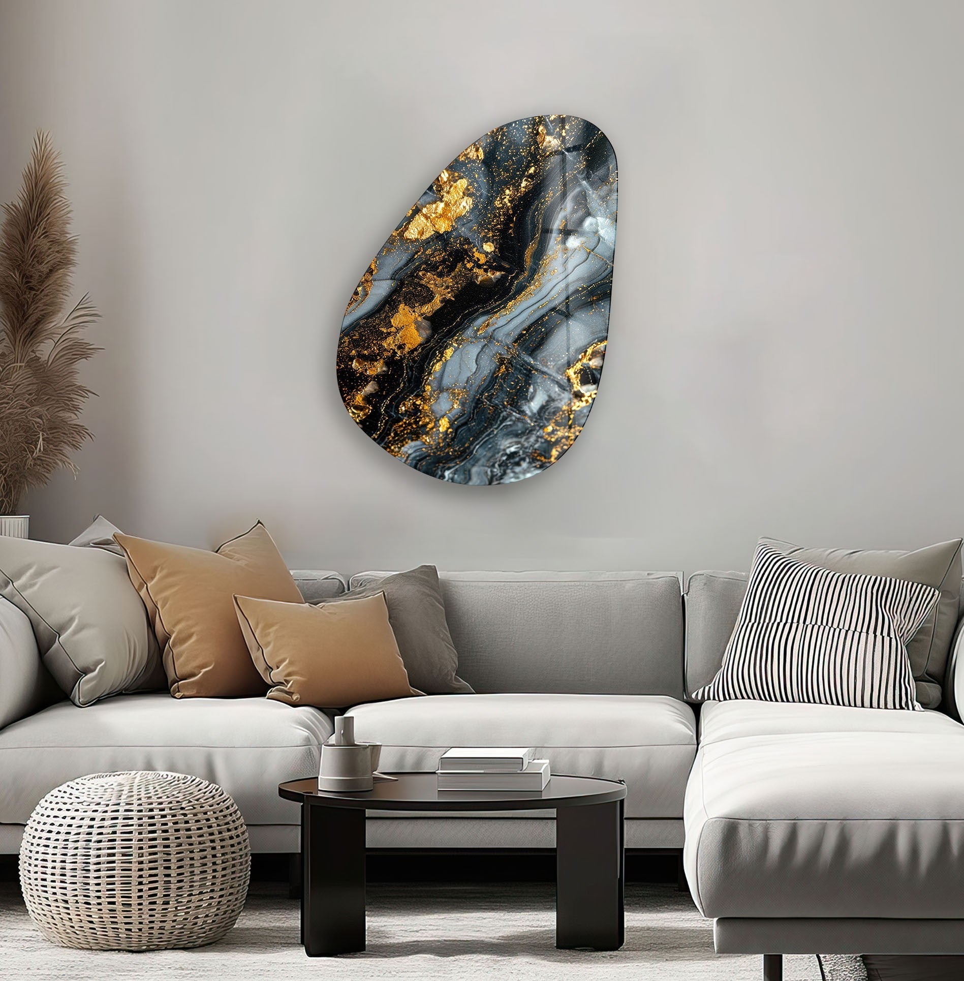 Modern Asymmetrical Oval Glass Wall Art with Black & Gold Accents - Elegant Home Decor for Living Room, Bedroom, or Office
