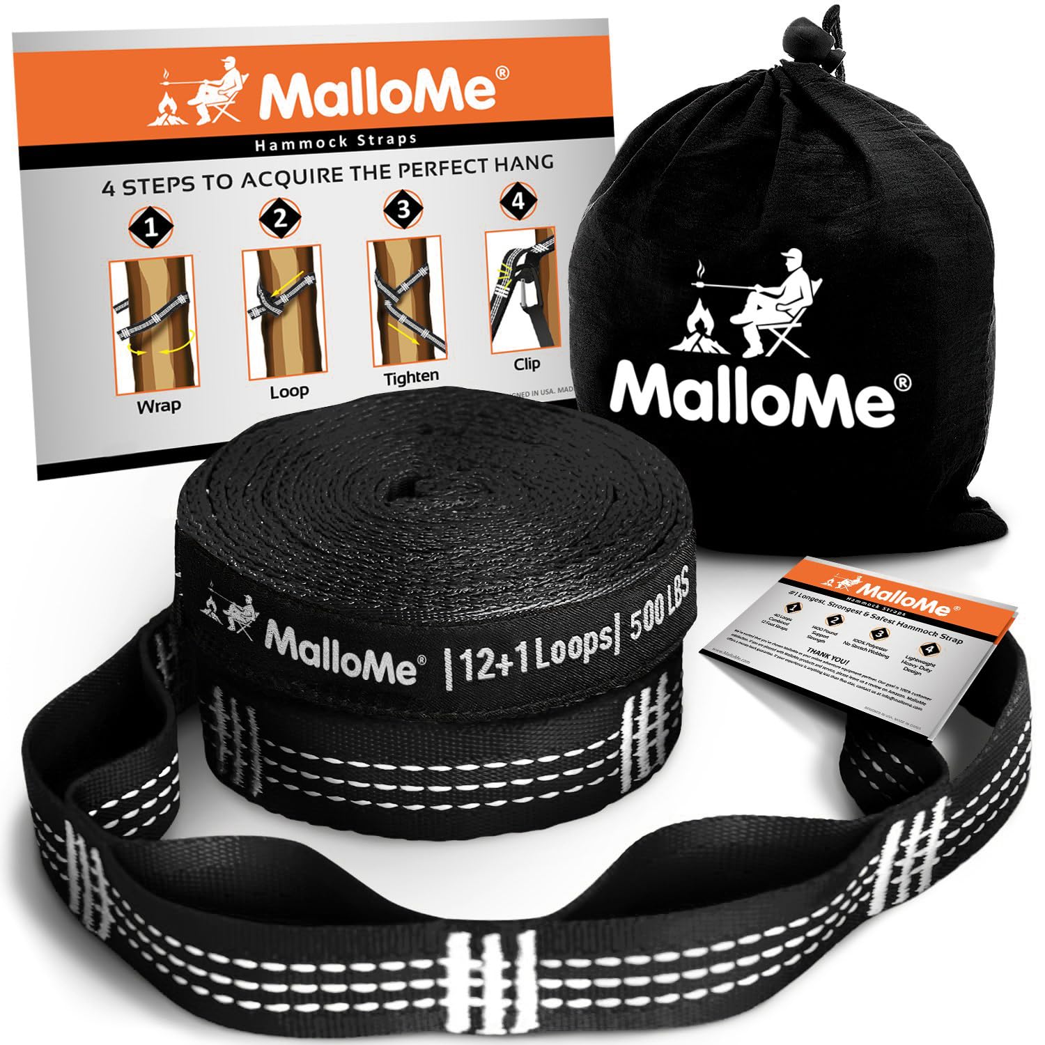 MalloMe XL Heavy Duty Hammock Straps for Trees - 2000+ LBS Capacity, 40 Loops & No-Stretch Suspension System - 12ft Black Camping Hammock Accessories (Without Carabiners) - Perfect for Backpacking, Hiking, and Outdoor Adventures