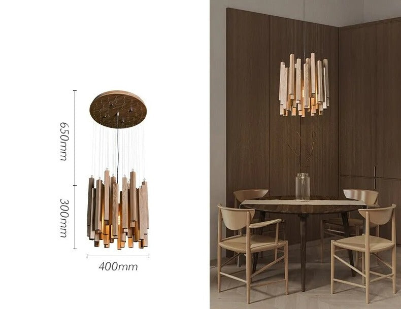 Solid Oak Wood Hanging Chandelier - Rustic Farmhouse Ceiling Light Fixture for Dining Room, Kitchen Island & Bedroom Decor