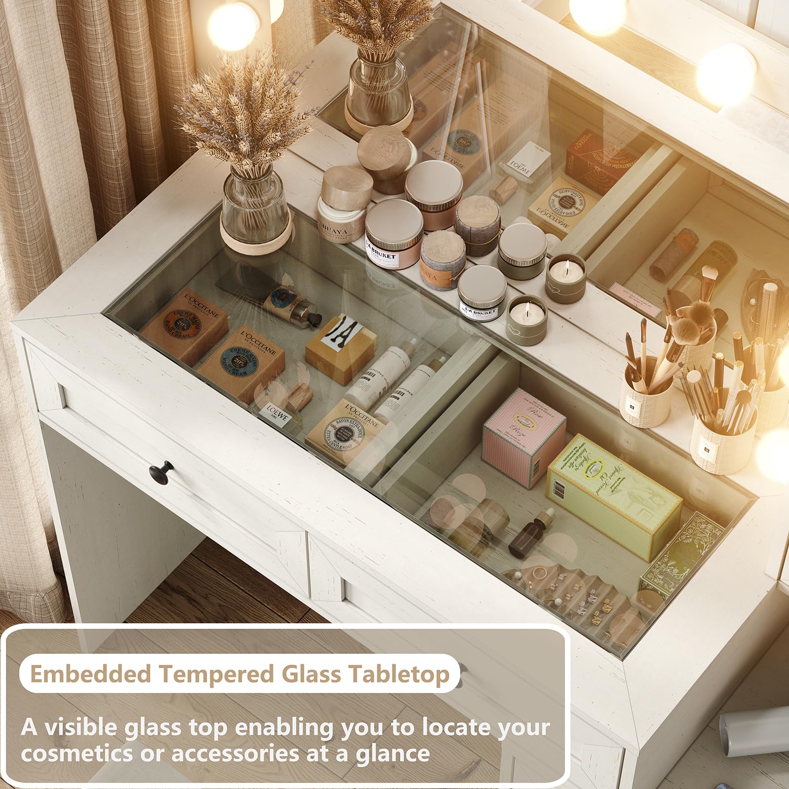 Farmhouse Vanity Mirror with LED Lights - Large Makeup Dressing Table Set with Glass Top, Built-in Charging Station & Power Outlet, 3 Adjustable Lighting Modes - Perfect for Bedroom, Bathroom or Dressing Room (White)