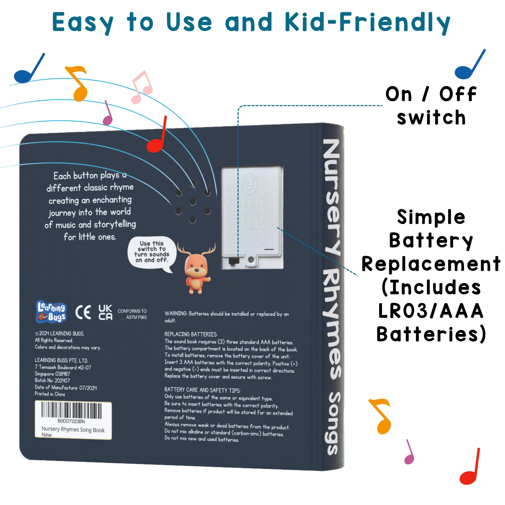 LEARNING BUGS Nursery Rhymes Musical Book - 28-Button Interactive Sound Book with Favorite Children's Songs | Toddler Educational Toy (1-3 Years) | Perfect for Bedtime, Playtime & Early Learning