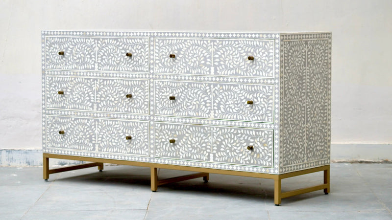 Handmade Bone Inlay Grey Scroll Vine 6-Drawer Chest - Indian Furniture for Bedroom, Living Room & Office Storage