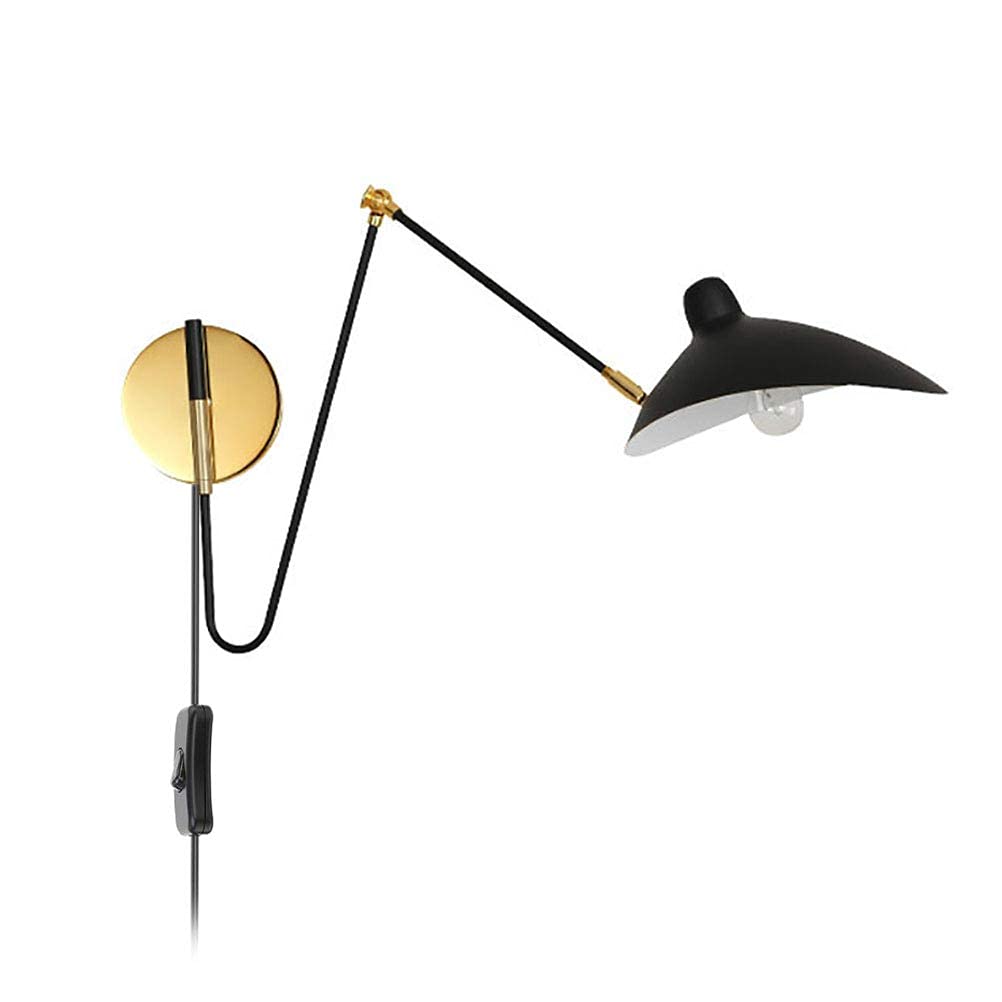 UWY Retro Adjustable Metal Long Arm Wall Lamp with Switch & Plug - Black Rotatable Lampshade for Living Room, Bedroom, Office & Loft - Perfect for Reading, Bedside Lighting & Home Decor