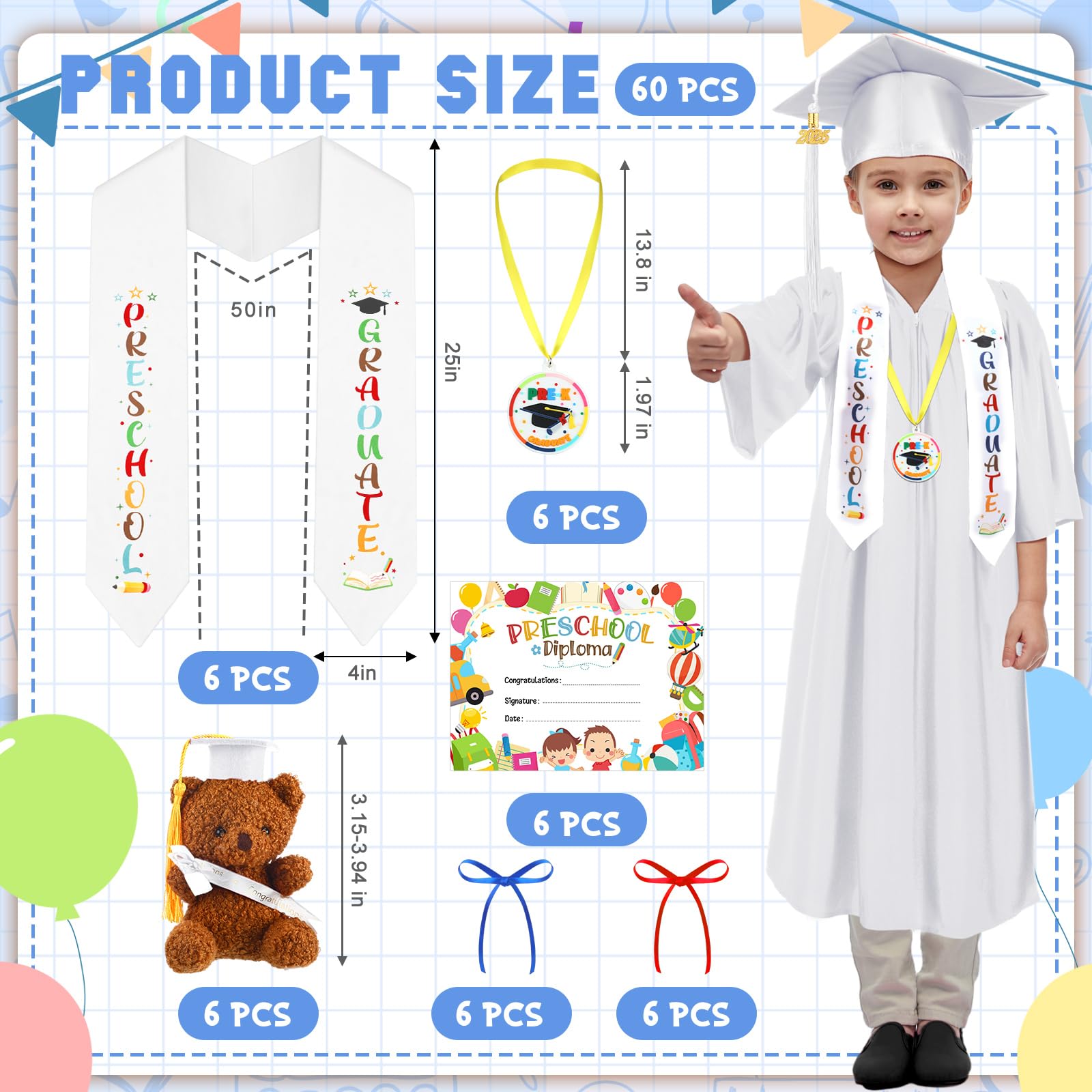 60 Pcs Preschool & Kindergarten Graduation Cap and Gown Set with 2025 Tassel, Stole, Certificate & Medal Bear - Perfect for Kids Graduation Ceremony, Photo Shoots & School Events