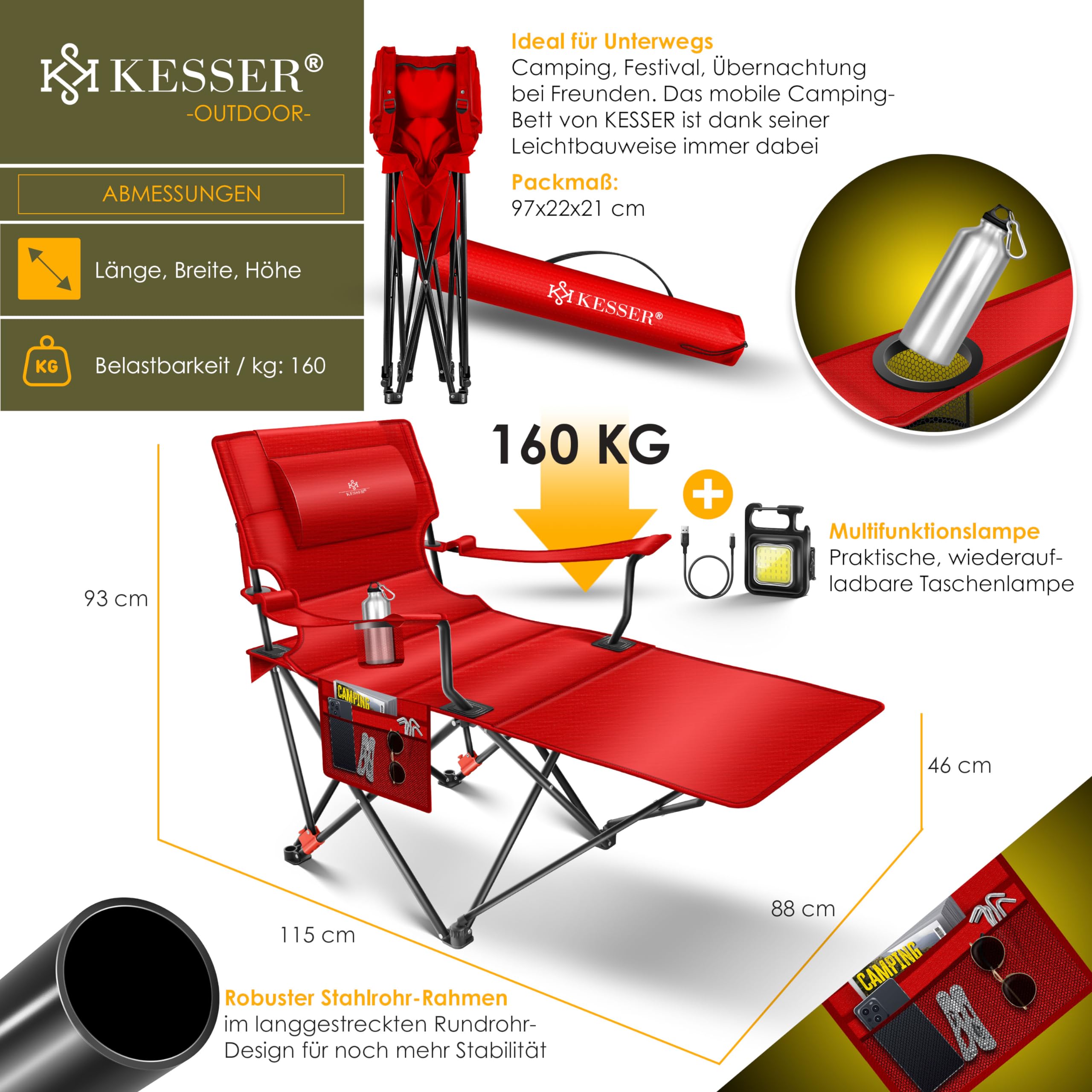 KESSER® 2-in-1 Folding Camping Chair & Bed - Heavy Duty 350lbs Capacity, Extra Wide Portable Lounger with Adjustable Backrest, Drink Holder & Storage Bag | Perfect for Camping, Beach, Fishing, Backyard Relaxing & Outdoor Adventures