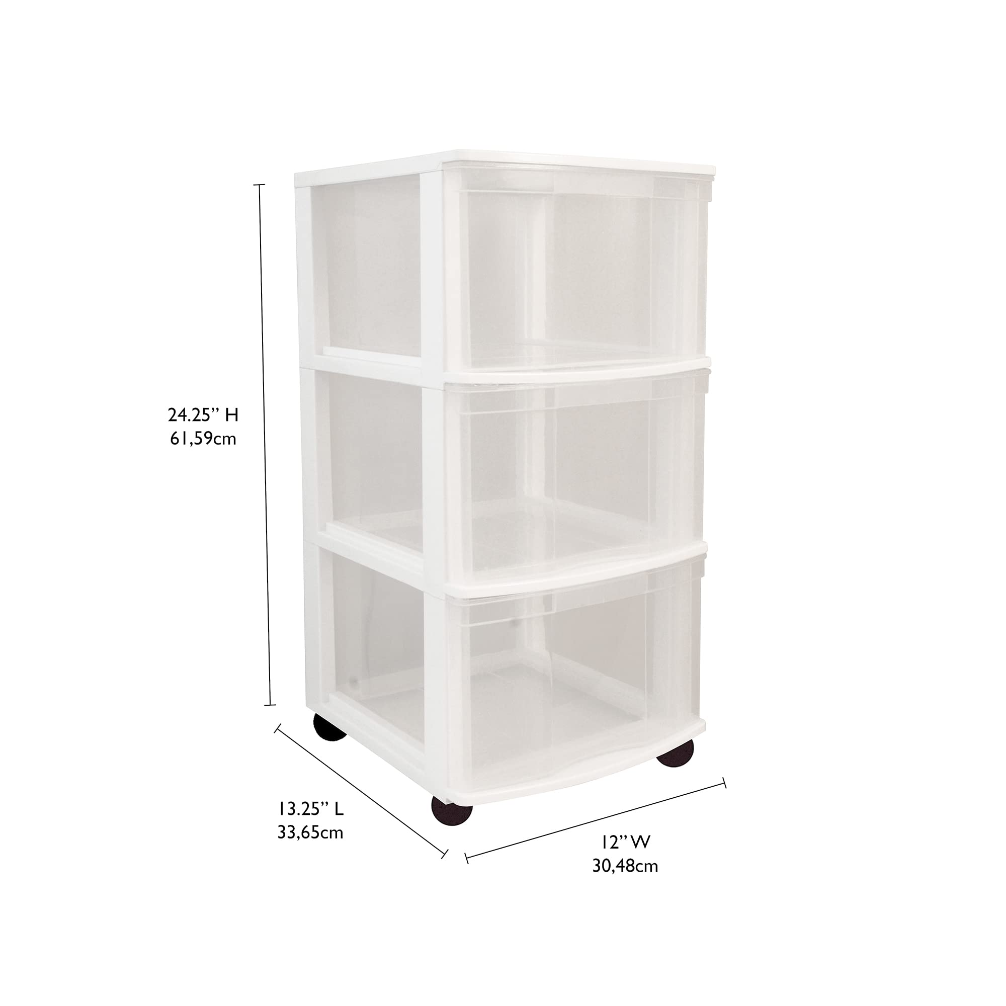 Gracious Living Classic 3-Drawer Plastic Storage Cart with Wheels - White Organizer Dresser for Bedroom, Bathroom & Office (3-Pack) | Space-Saving Mobile Storage Solution for Home, Dorm & Closet Organization