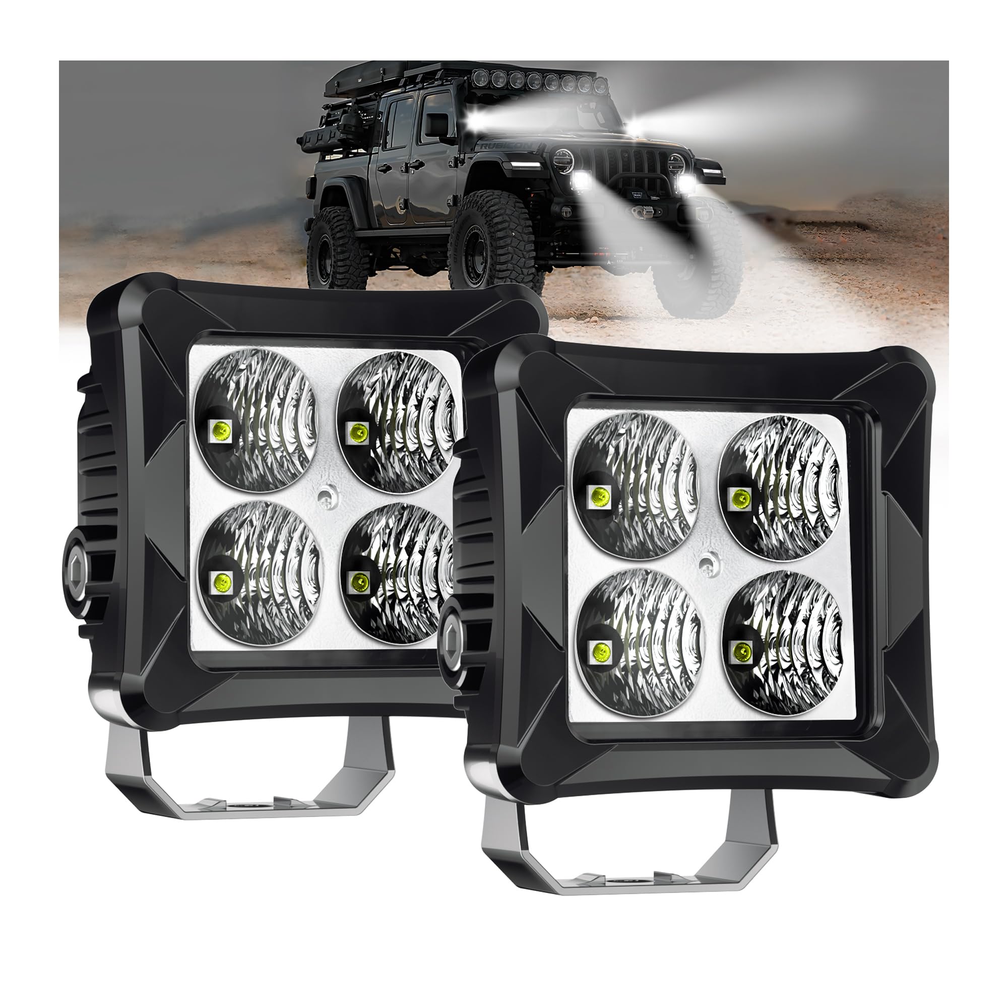 4WDKING 3 Inch 40W LED Off-Road Light Pods - IP69K Waterproof Square Work Light Bar for Trucks, Jeeps, Wranglers, ATVs, UTVs & Boats - Perfect for Off-Roading, Fog Lights & Ditch Lighting