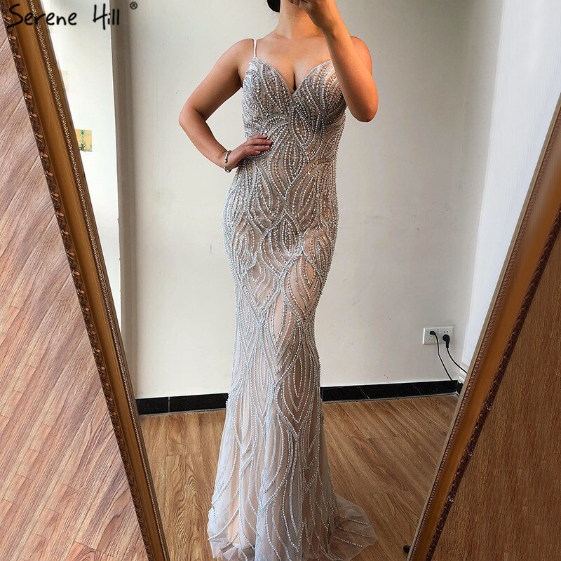Serene Hill Nude White Mermaid Evening Dresses for Women 2025 - Elegant Spaghetti Strap Formal Gowns for Prom, Wedding & Black Tie Events - LA70214