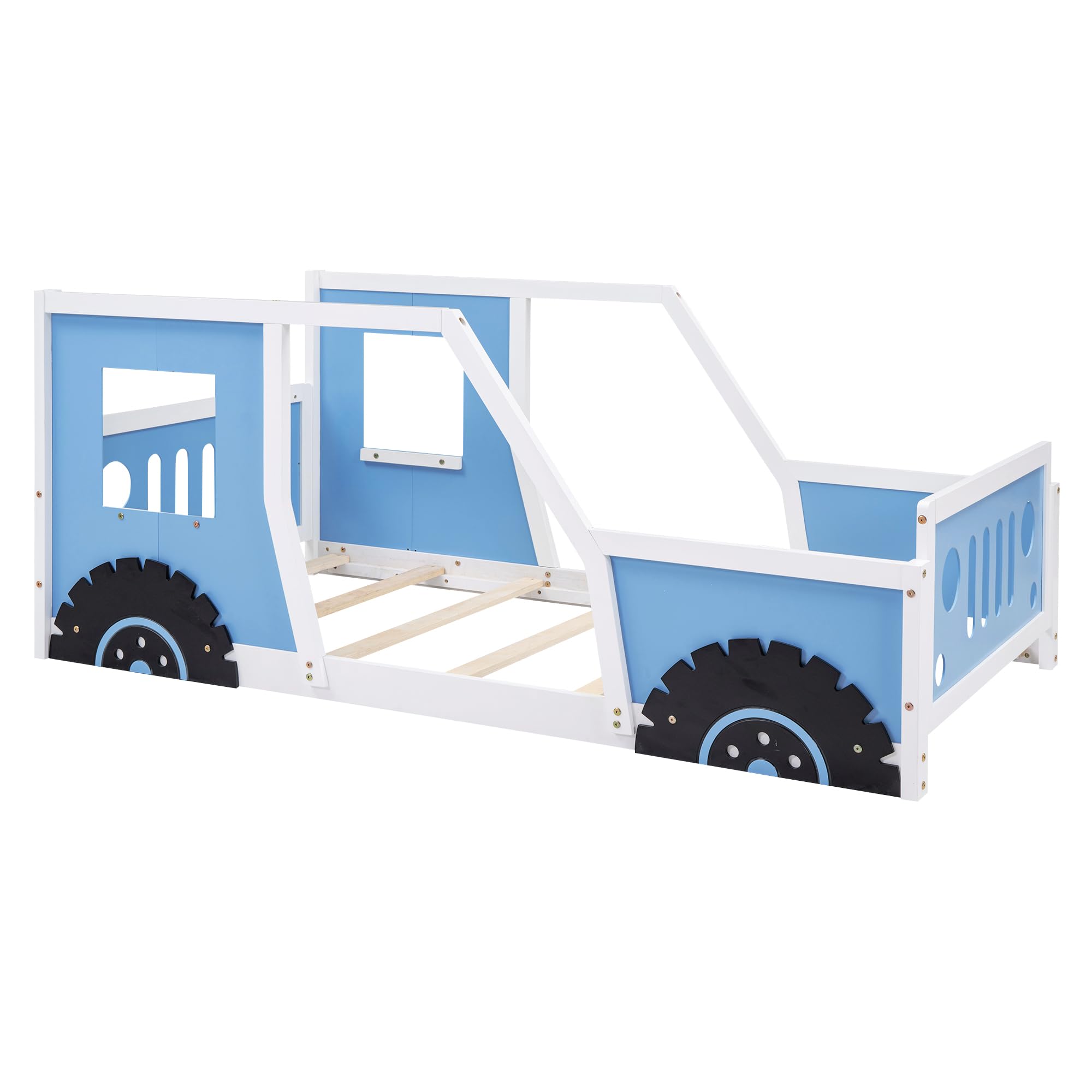 Wooden Twin Size Car-Shaped Floor Bed with Wheels, Doors & Windows - Sturdy Slat Support Platform Bed for Kids Boys & Girls (Blue) - Perfect for Playrooms, Bedrooms & Themed Kids' Spaces