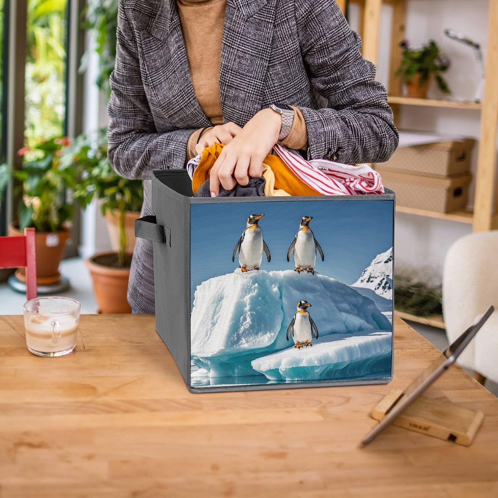 6PCS Collapsible Storage Bins with Handles - Penguin on Iceberg Printed Foldable Organizing Boxes for Home, Kitchen, Bathroom & Office - Space Saving Storage Containers for Shelves, Closet & Pantry Organization