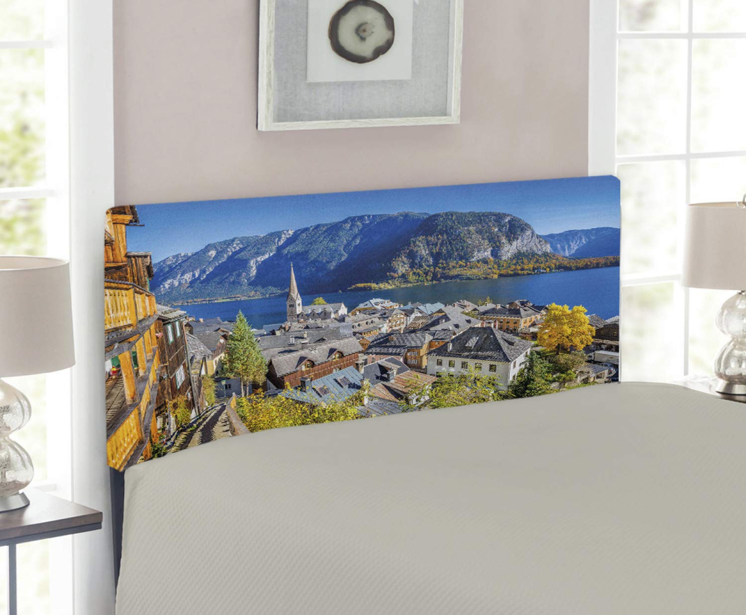 Ambesonne Fall Headboard - Historical Hallstatt Austria Mountain Village European Landscape Upholstered Metal Bed Headboard with Memory Foam, Twin Size, Multicolor - Perfect for Seasonal Bedroom Decor & Cozy Autumn Vibes
